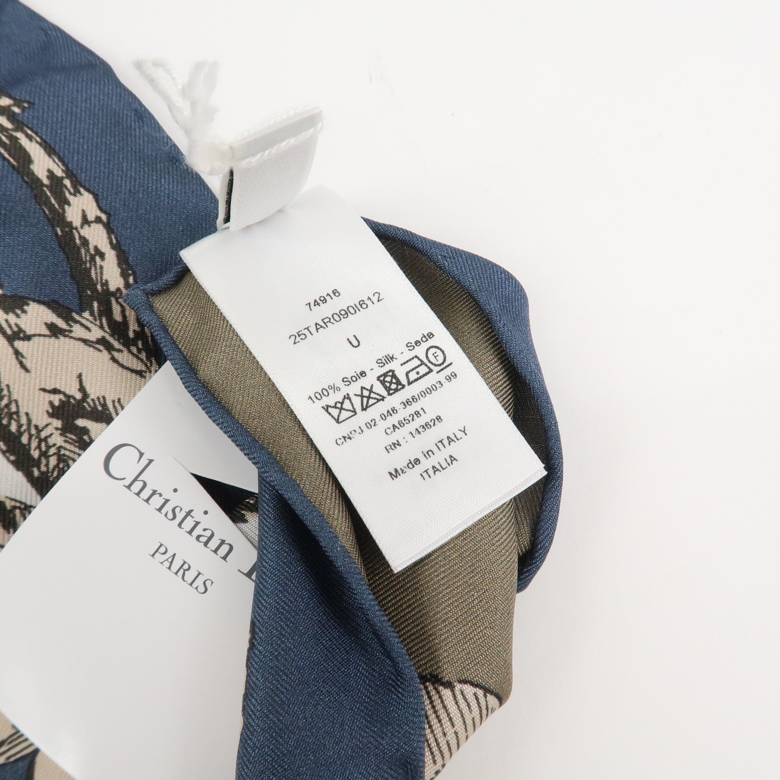 Christian Dior Logo Silk 100% Lion Flowers Scarf White Navy