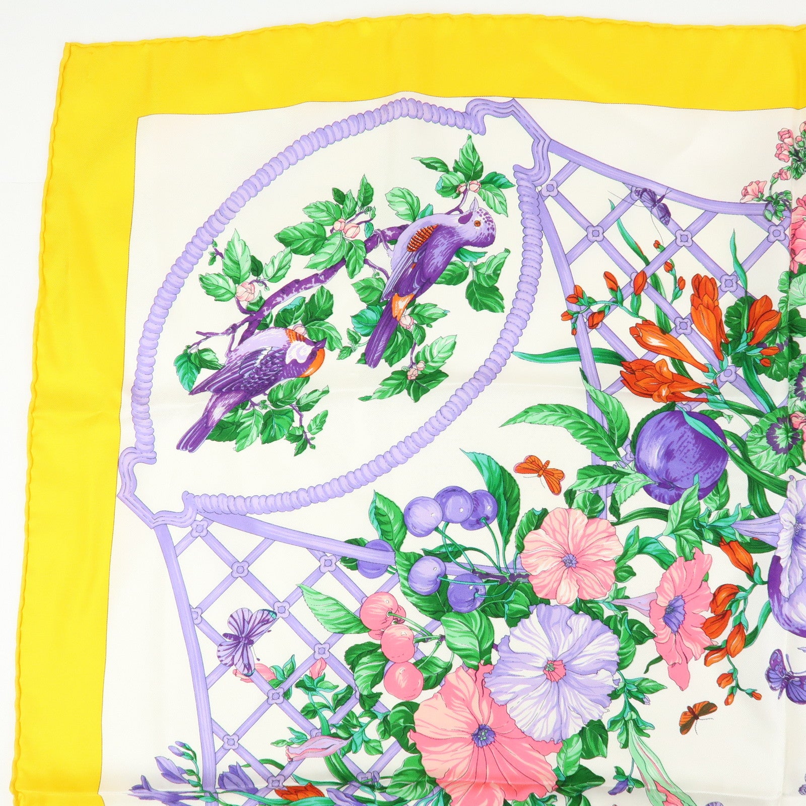 Christian Dior Silk 100% Scarf Botanical Pattern 87×87 White Yellow