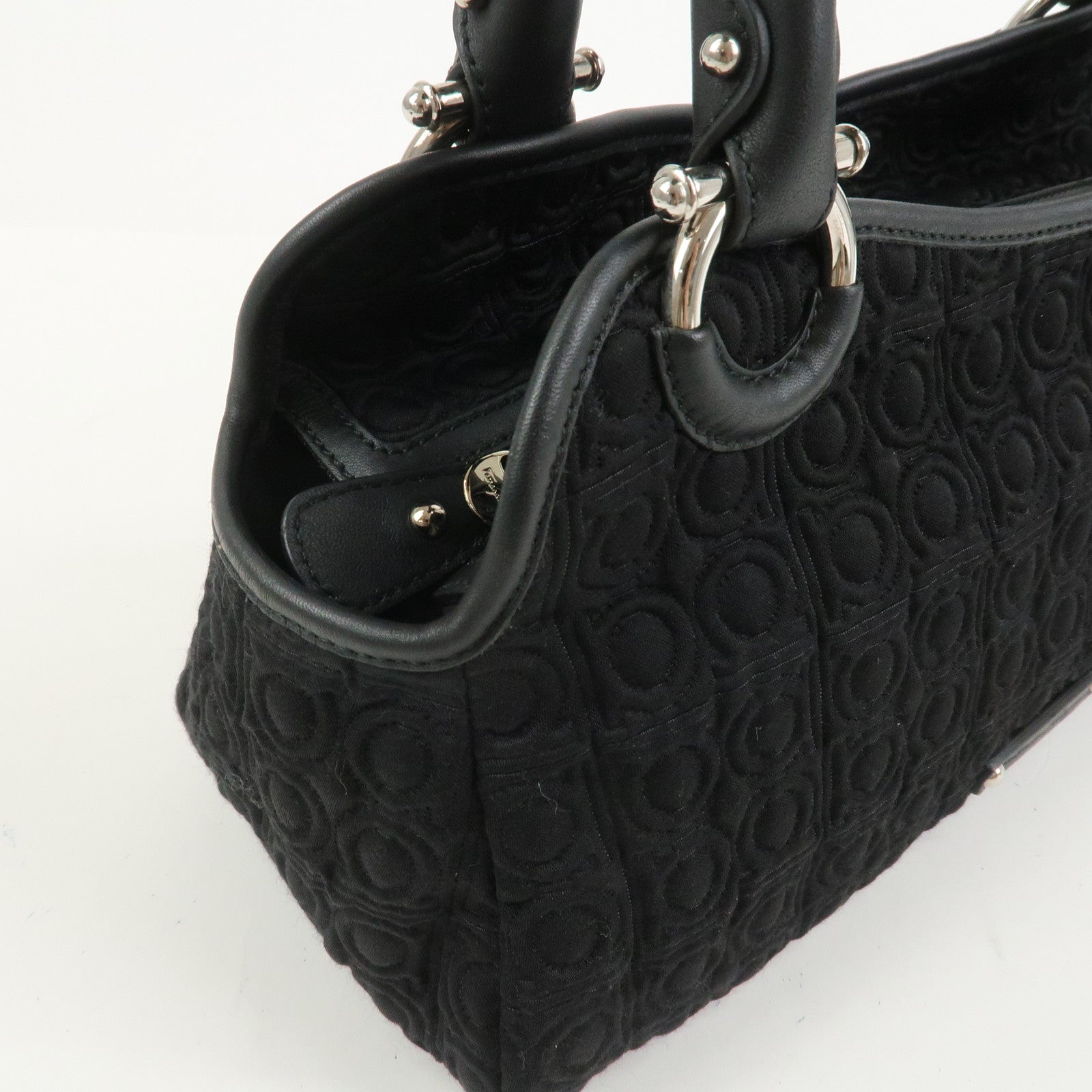 Ferragamo Gancini Canvas Leather Hand Bag Black Silver