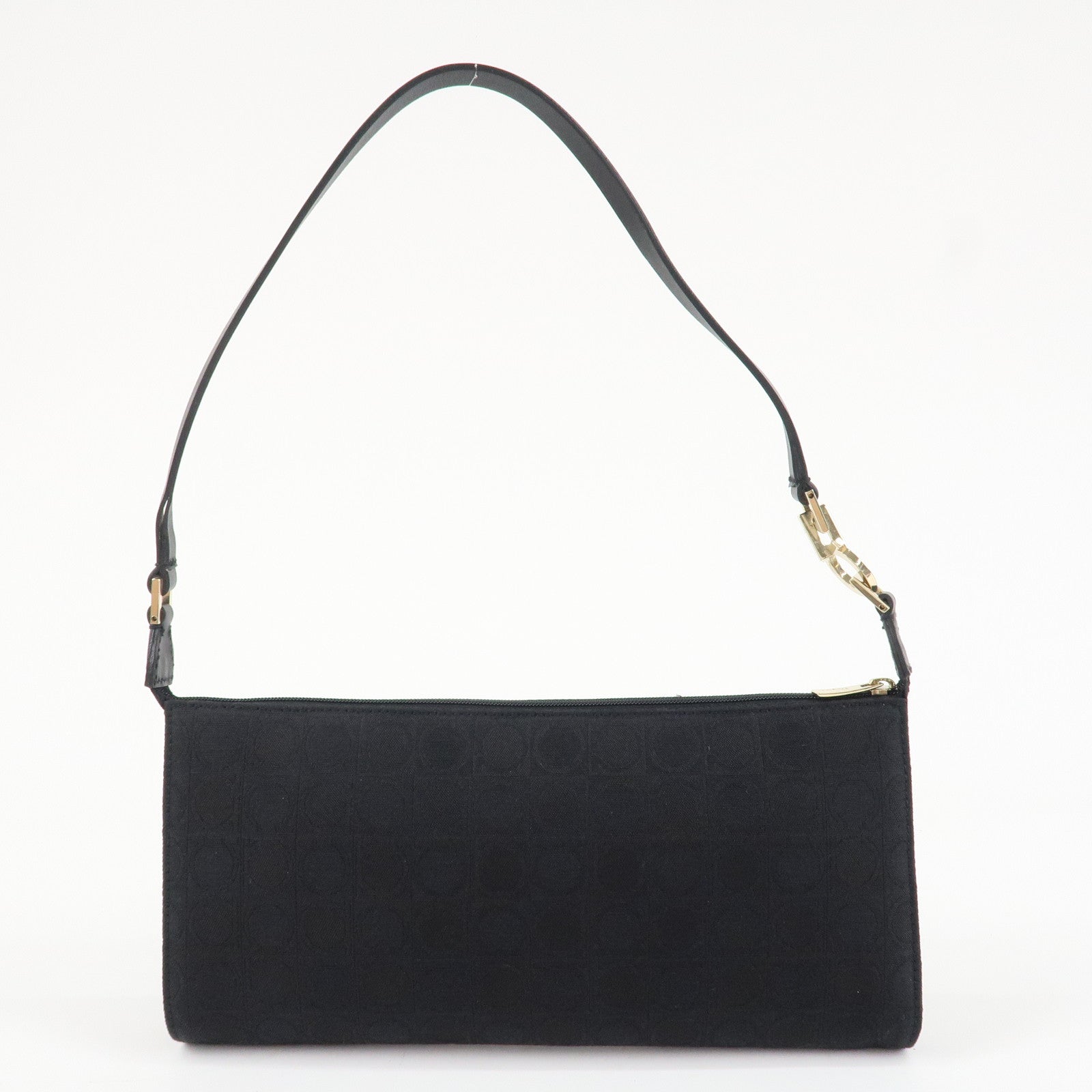 Ferragamo Ganchini Canvas Leather Shoulder Bag Hand Bag Black Used