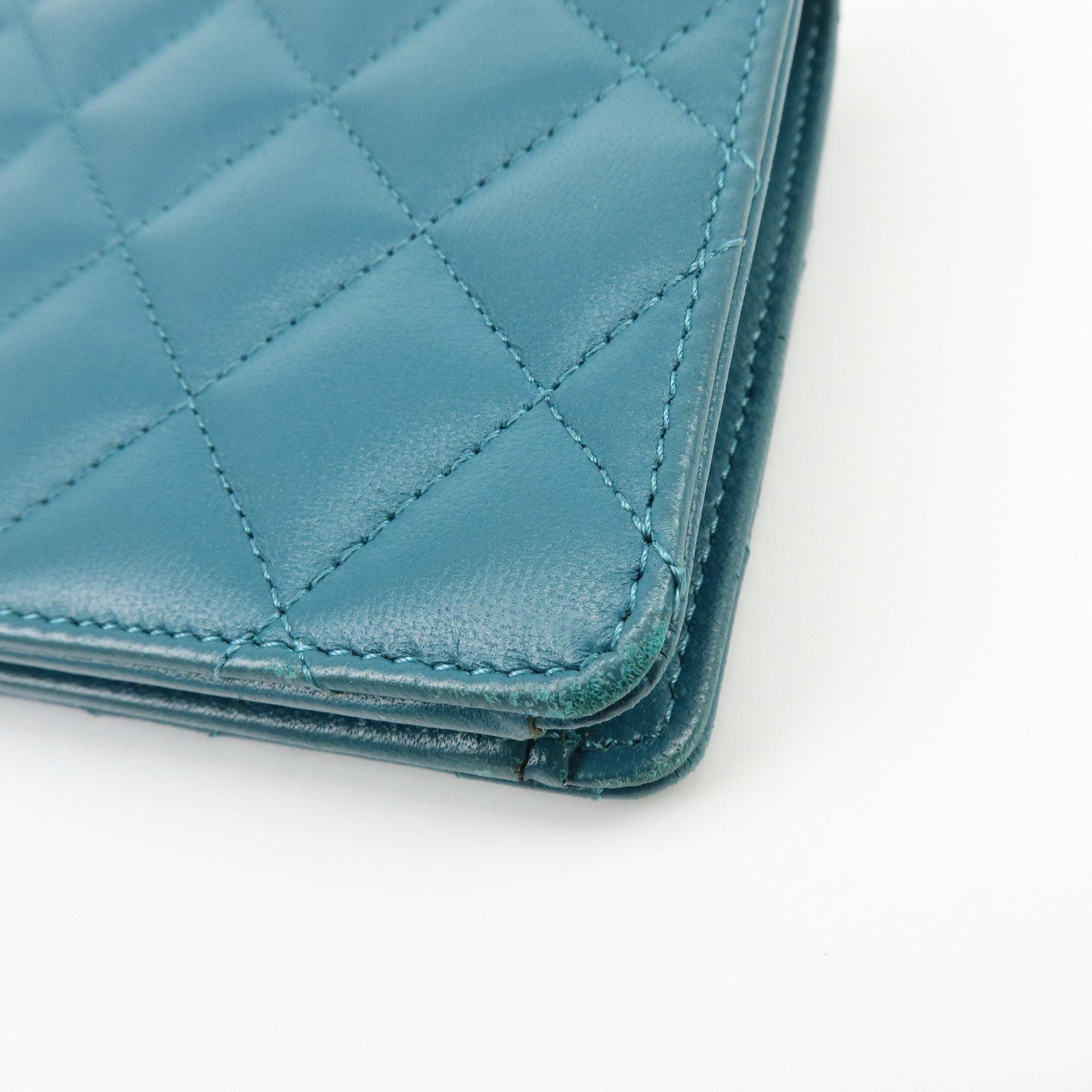 CHANEL COCO Mark Matelasse Lamb Skin Bi-fold Flap Long Wallet Blue