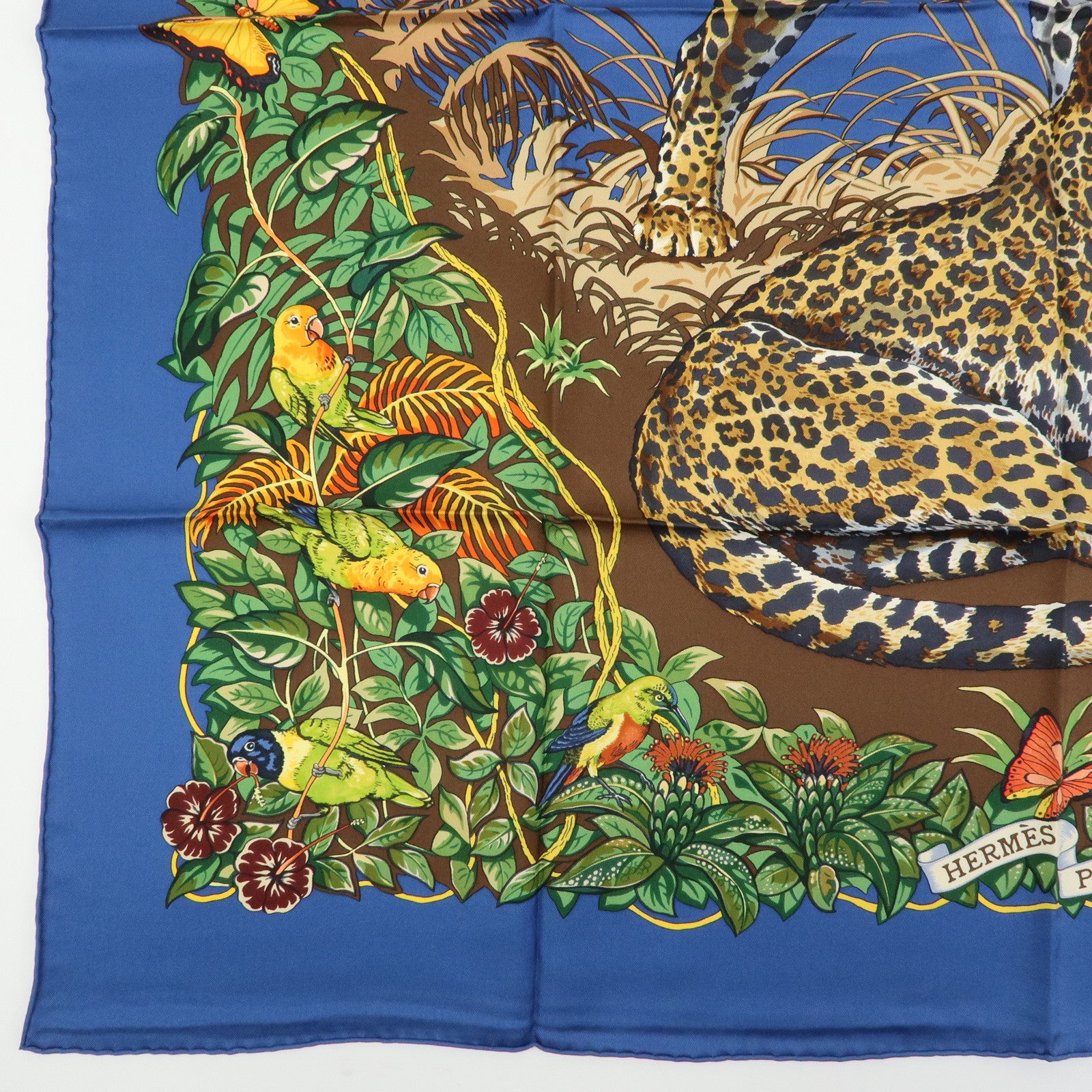 HERMES Carre 90 Silk 100% Scarf JUNGLE LOVE Navy Brown Green
