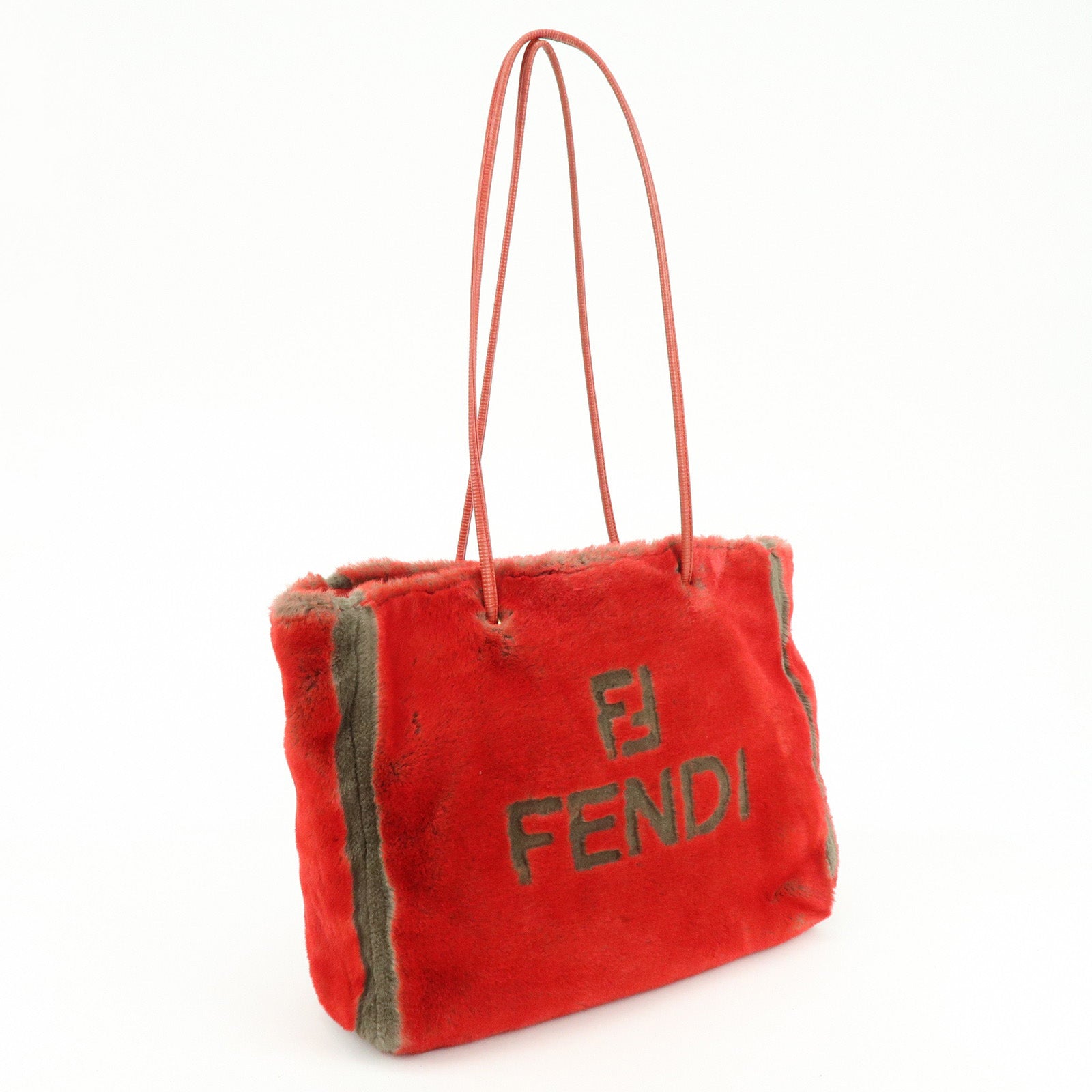 FENDI Fur Leather Tote Bag Hand Bag Shoulder Bag Red 321262900069