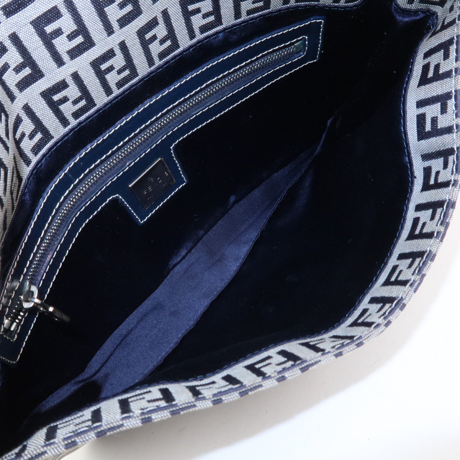 FENDI Mamma Baguette Zucchino Canvas Shoulder Bag Navy 26424