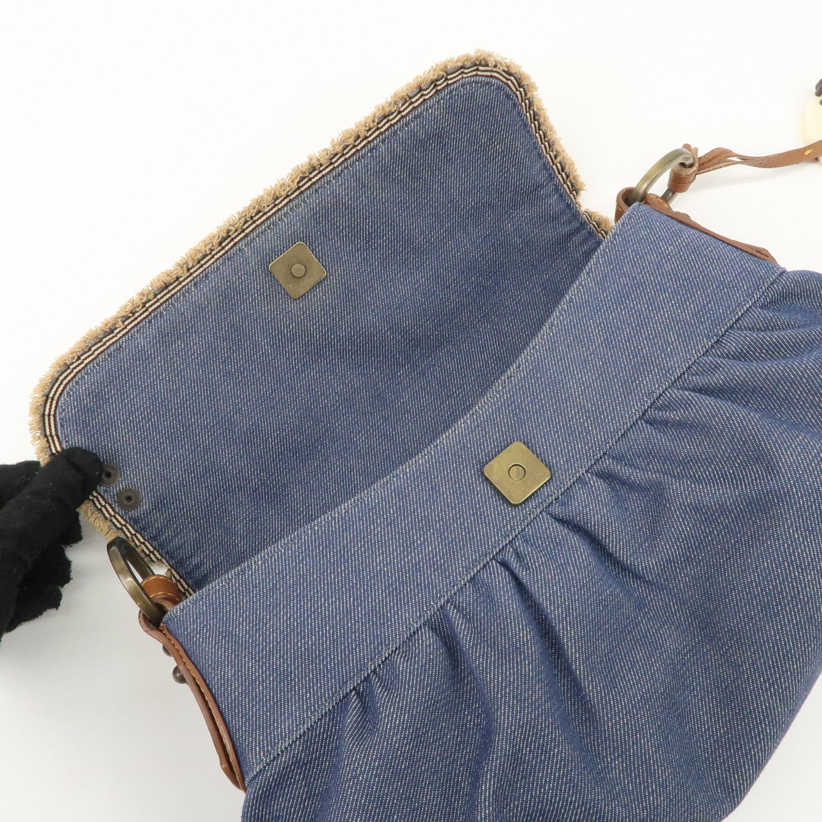 FENDI Denim Leather Shoulder Bag Hand Bag Indigo Brown 8BR445 Used