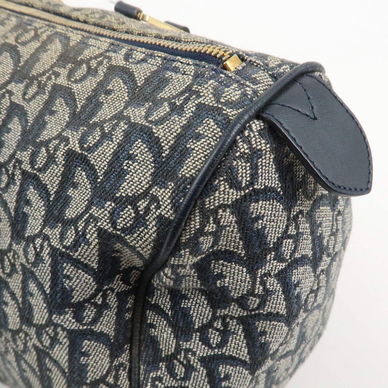 Christian Dior Trotter Jacquard Canvas Leather Boston Hand Bag Navy