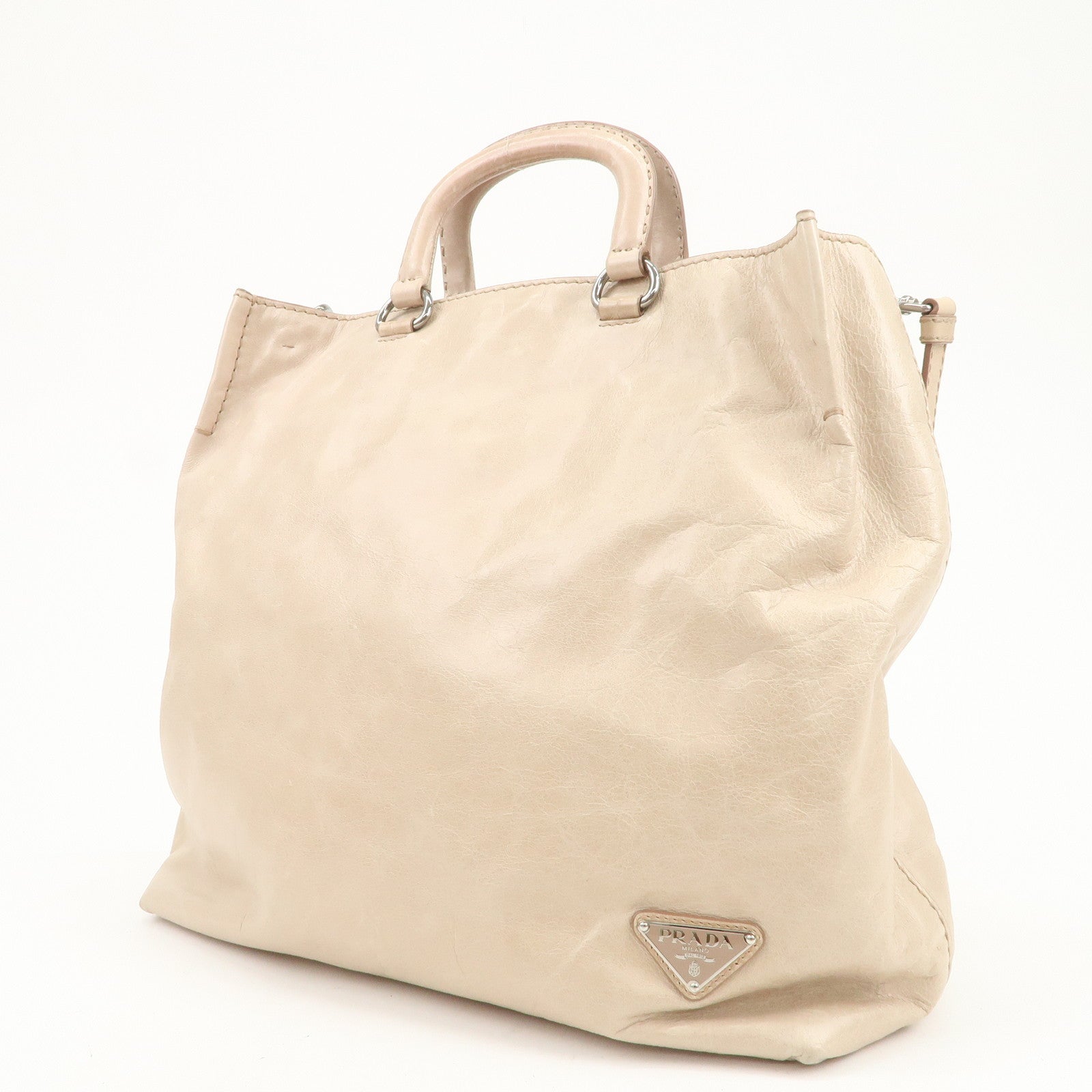 PRADA Triangle Logo Leather 2Way Hand Bag Shoulder Bag Beige BR4617