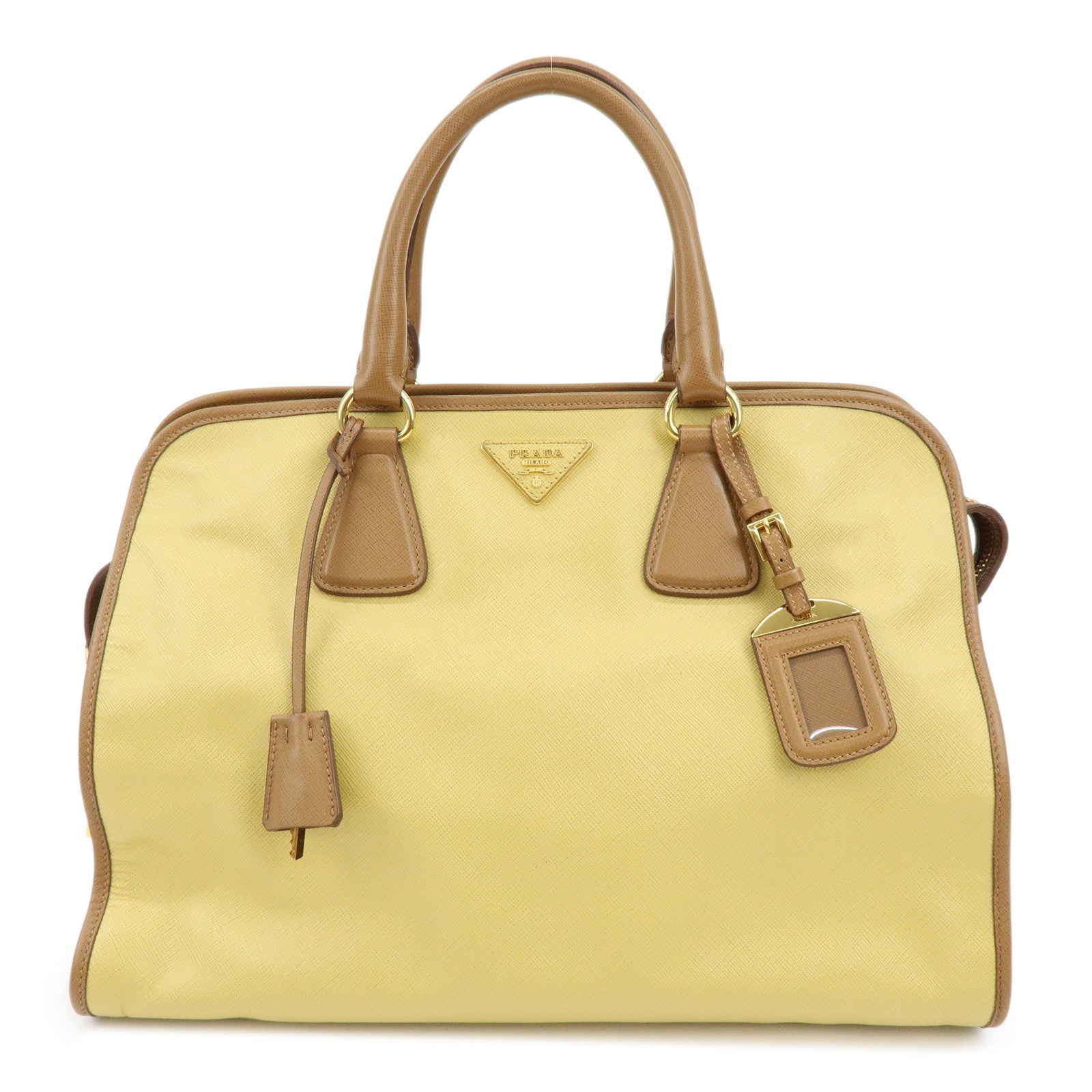PRADA Triangle Logo Saffiano Leather Boston Bag Mustard Light Brown