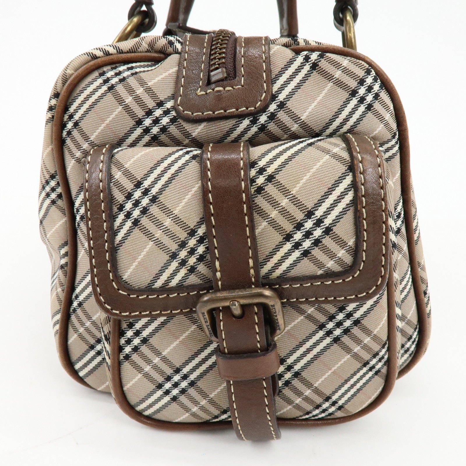 BURBERRY Blue Label Canvas Leather Plaid Hand Bag Boston Bag Brown