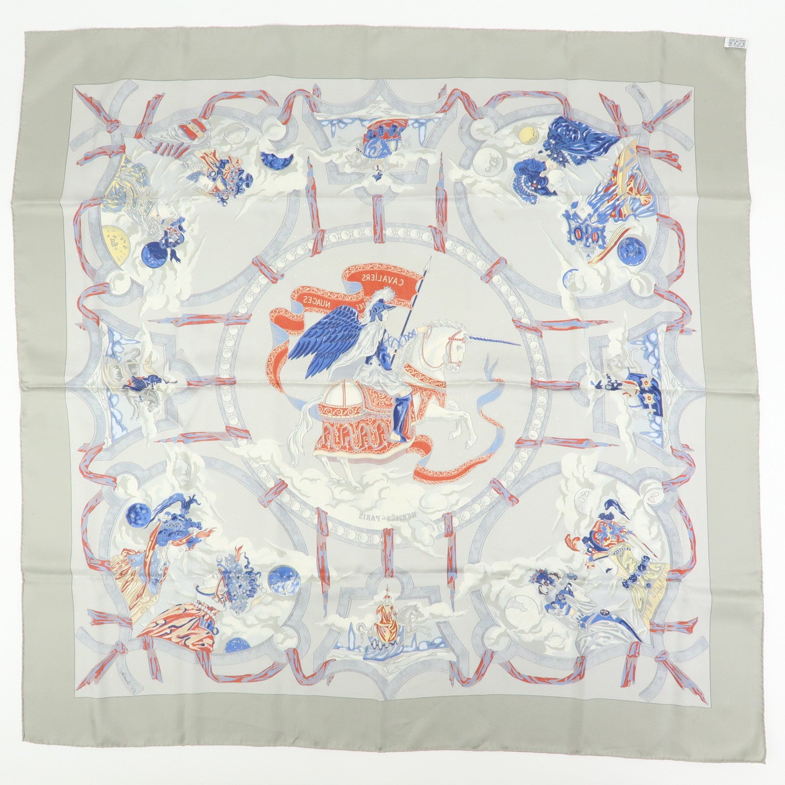 HERMES Carre 90 Silk 100% Scarf CAVALIERS DES NUAGES Gray Blue