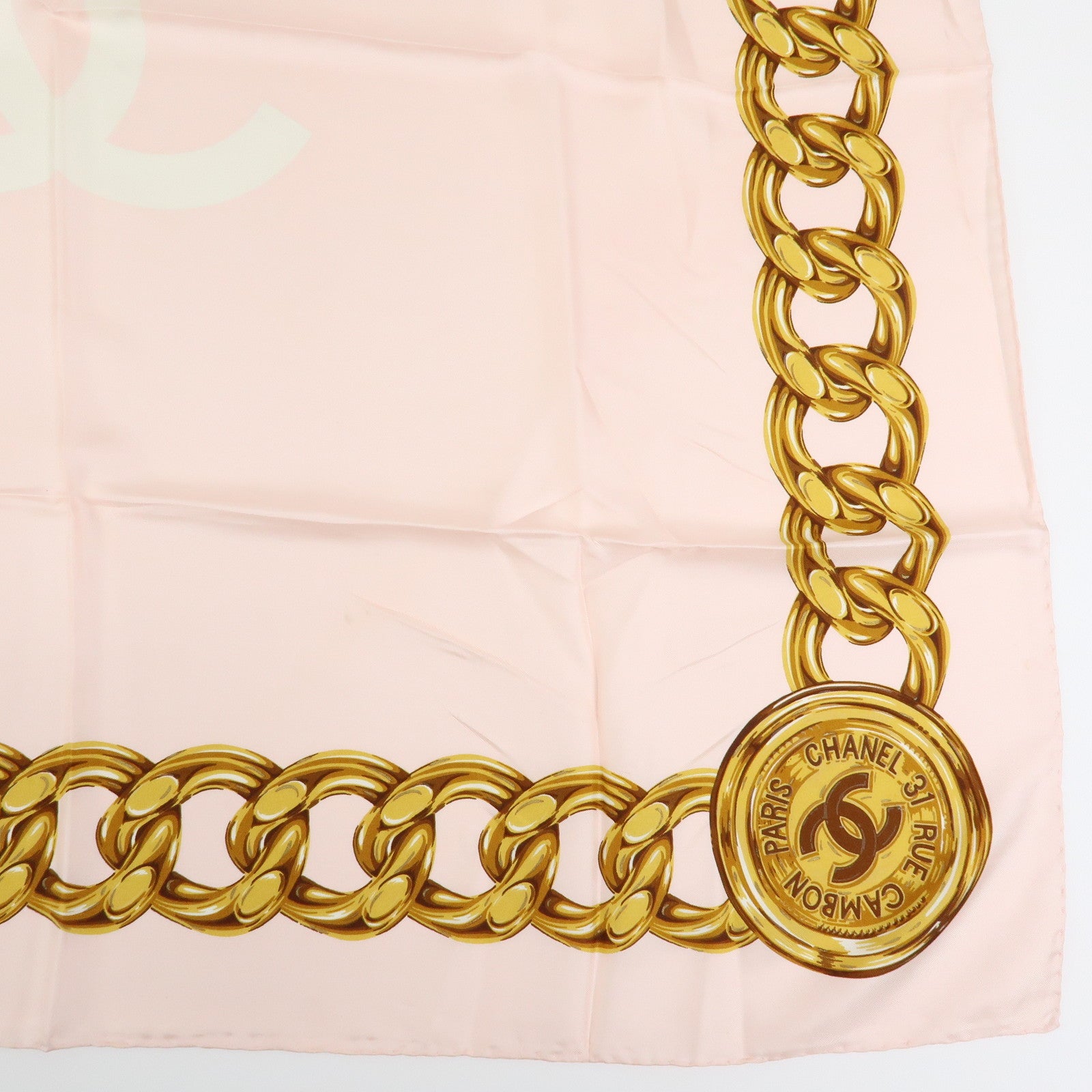 CHANEL COCO Mark Silk 100% Scarf Chain Pearl Motif Pink