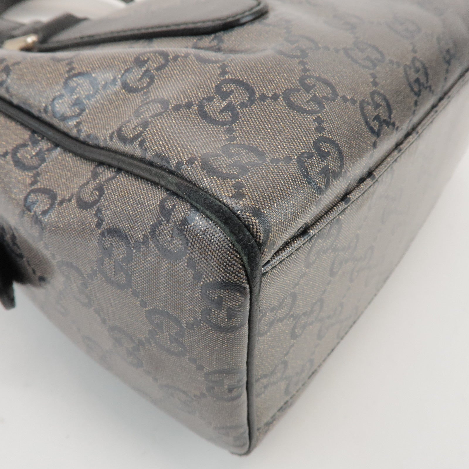 GUCCI GG Crystal Leather Boston Bag Hand Bag Silver Black 257289