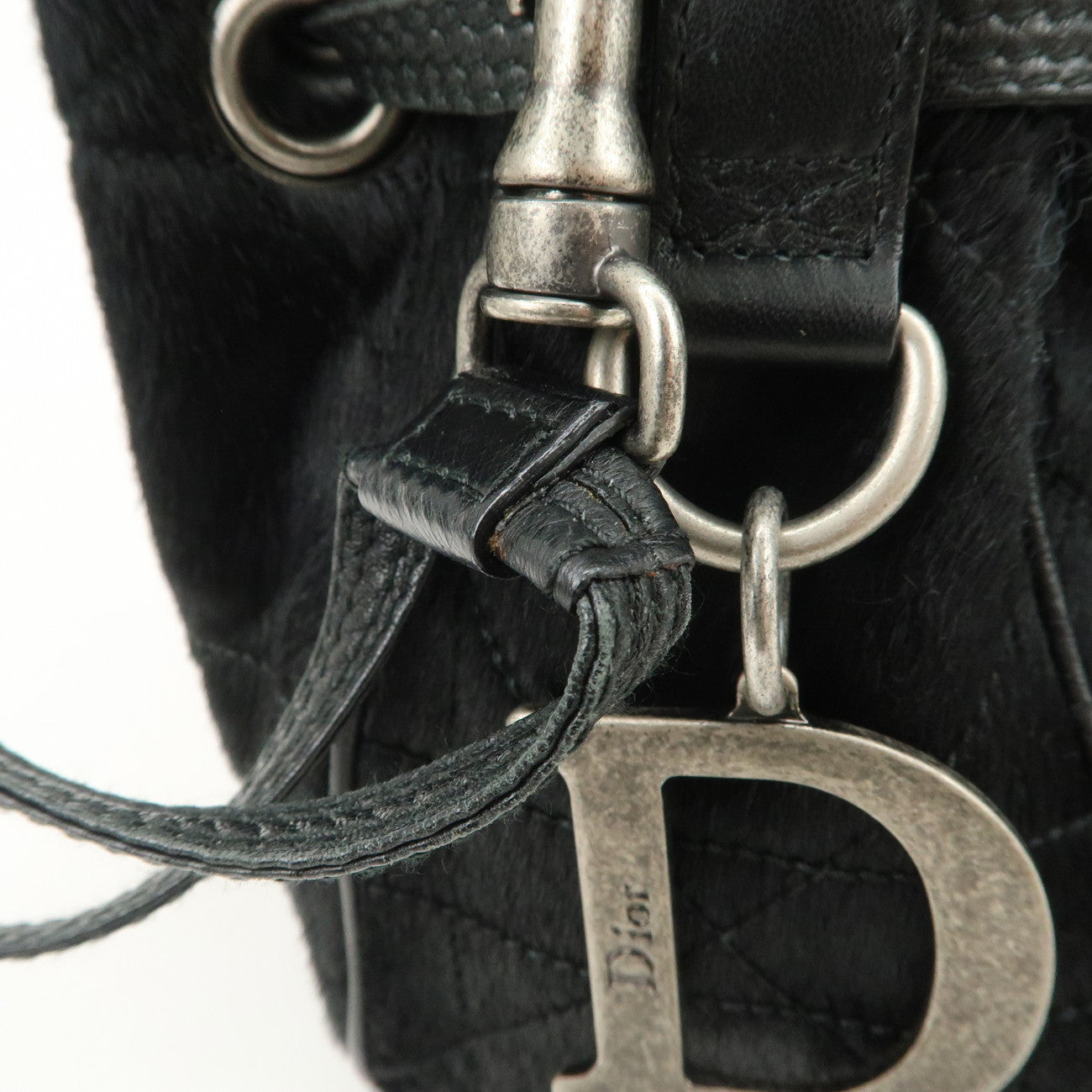 Christian Dior Unborn Carf Leather Drawstring Hand Bag Black Silver