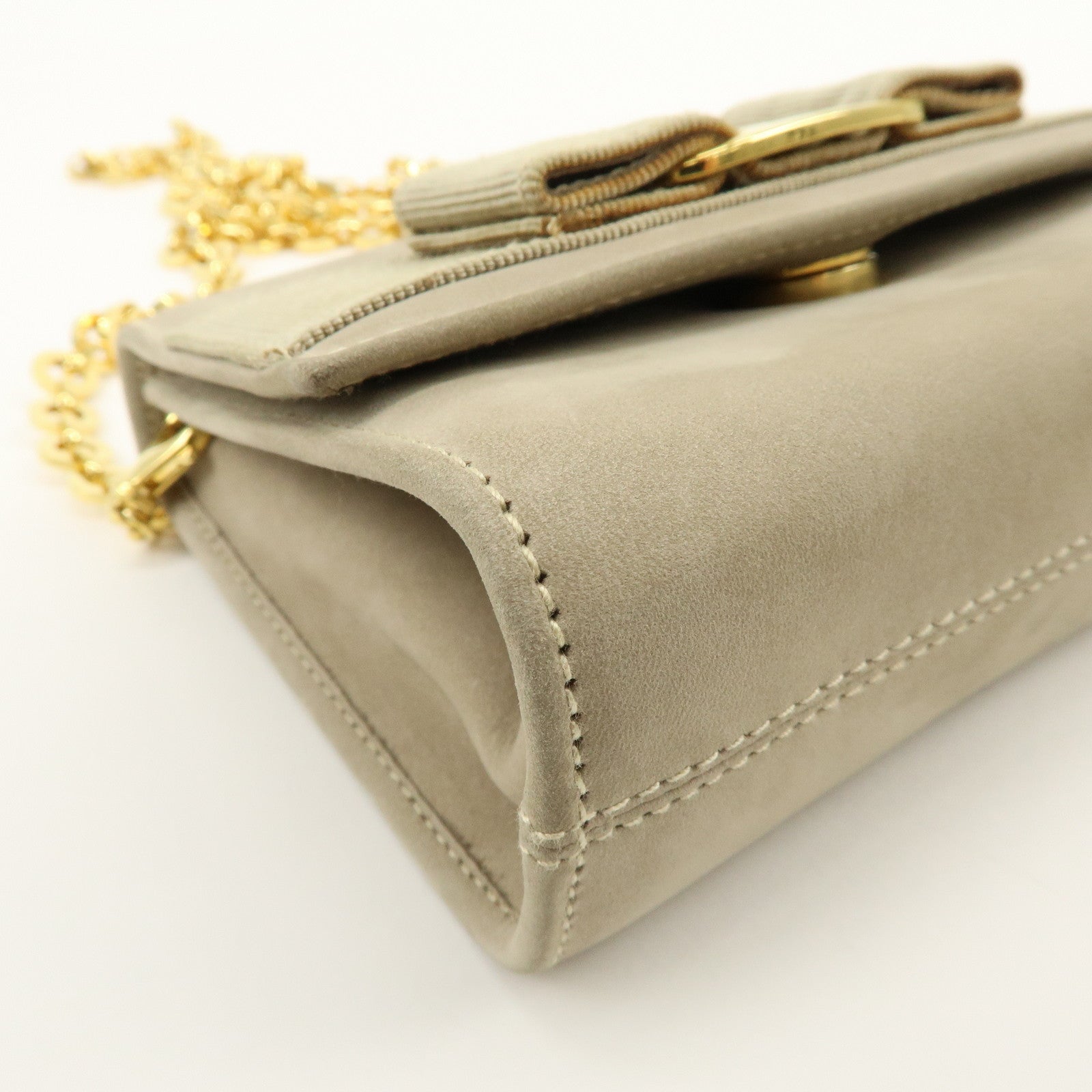 Ferragamo Vara Suede 3Way Chain Shoulder Bag Clutch Waist Bag Beige