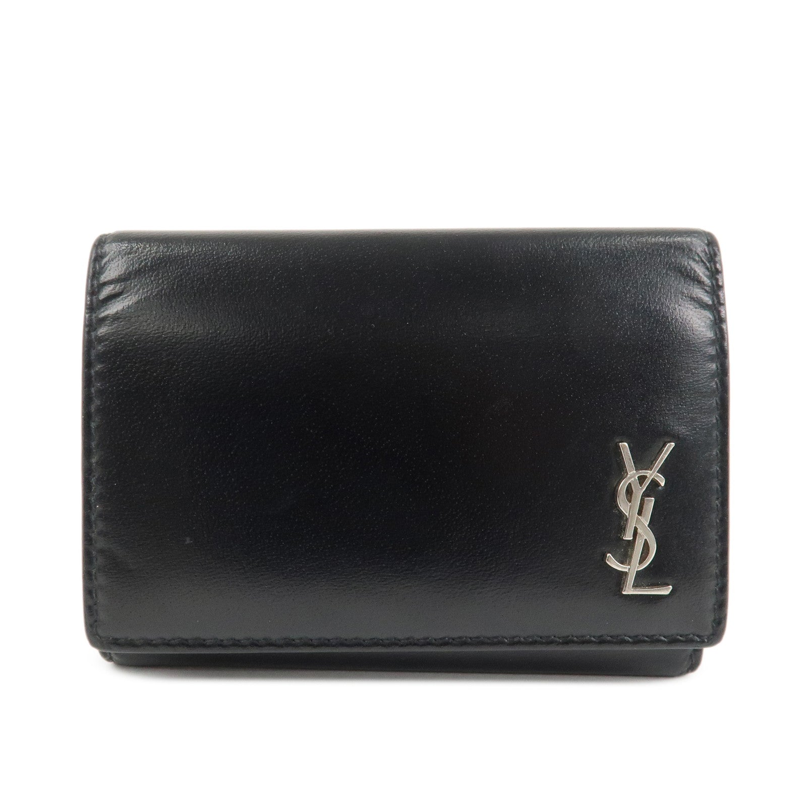 SAINT LAURENT Logo Leather 6 Hook Key Case Black Silver