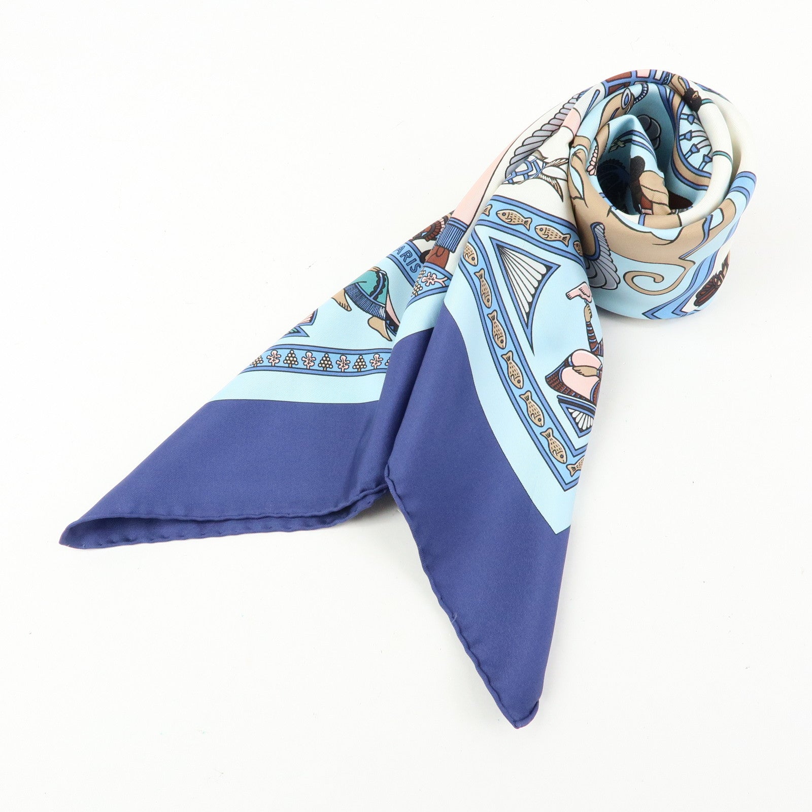 HERMES Carre 90 Silk 100% Scarf PERSEPOLIS Persian Print Brown Blue