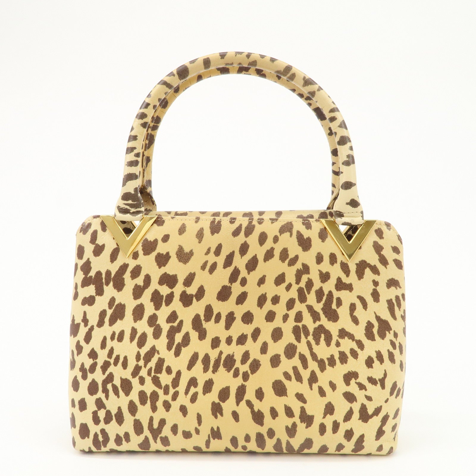 VALENTINO Leather Hand Bag Animal Leopard Beige Brown
