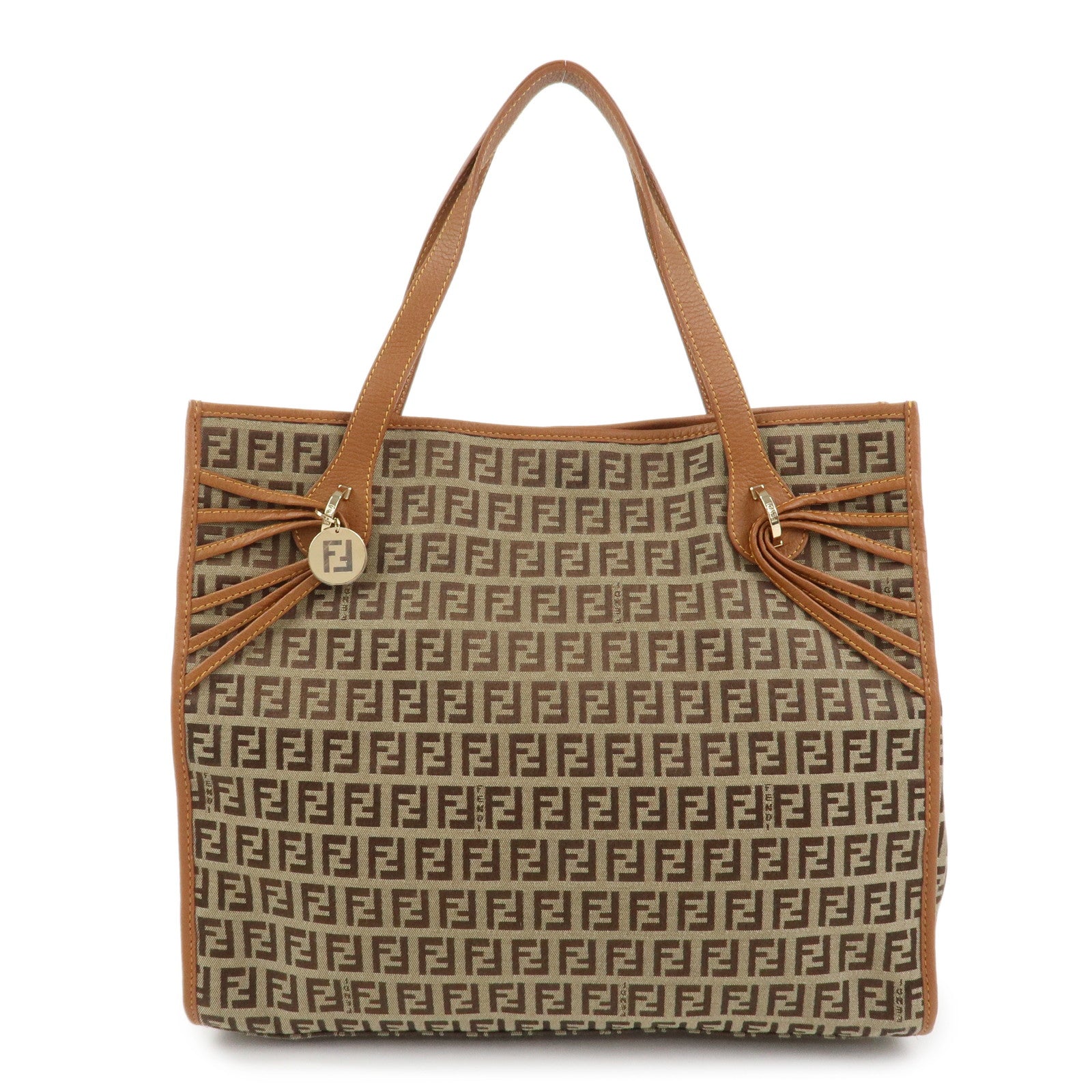 FENDI Zuccino Canvas Leather Tote Bag Hand Bag Brown 8BH153
