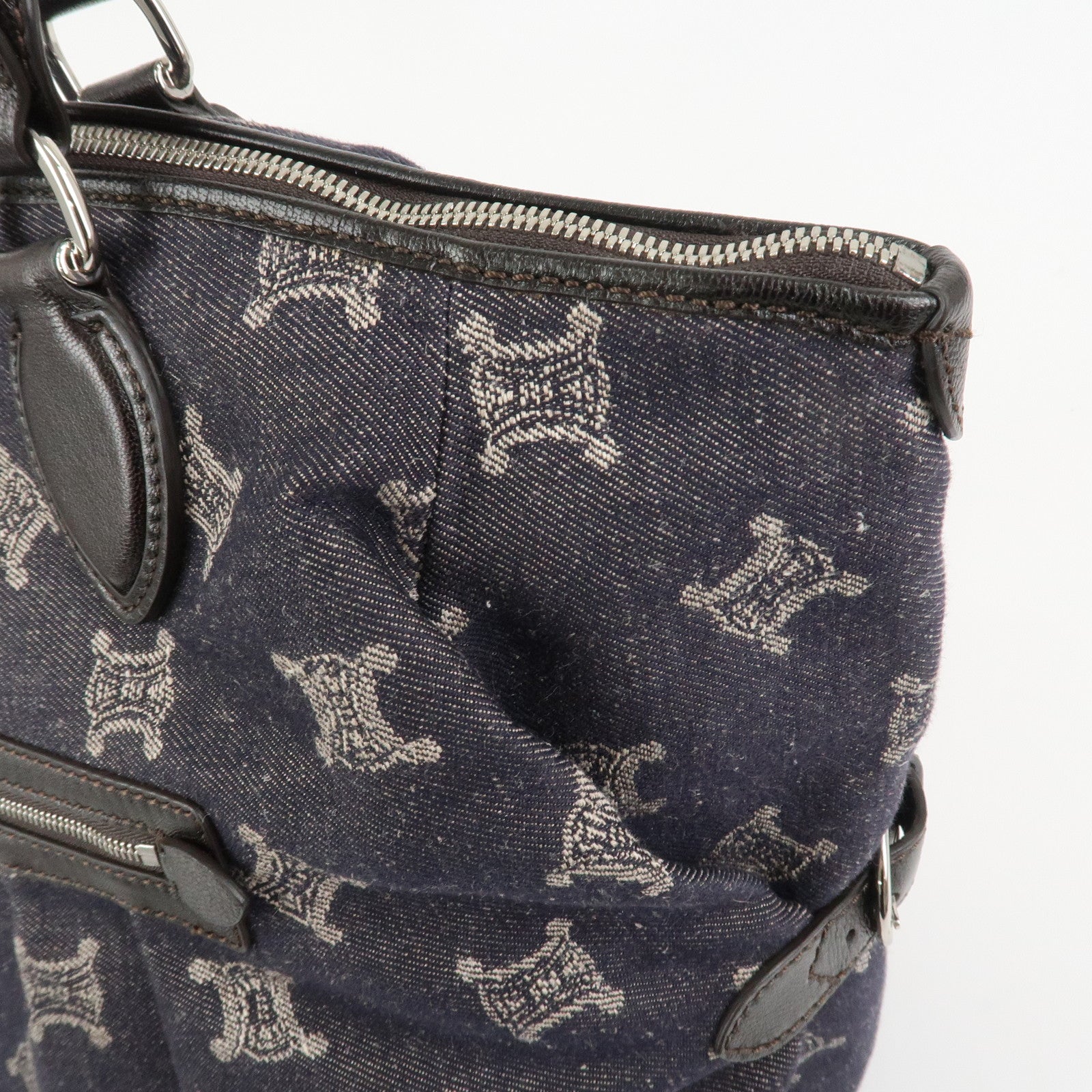 CELINE Macadam Denim Leather Tote Bag Hand Bag Navy Dark Brown