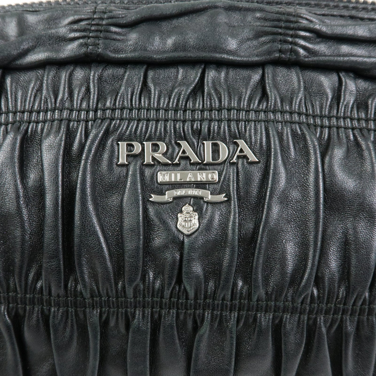 PRADA Logo Nappa Leather Gathered Chain Shoulder Bag Black
