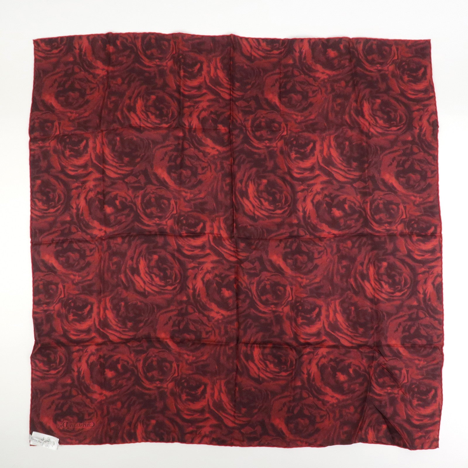 Christian Dior Logo Silk 100% Scarf Rose Motif Red Black