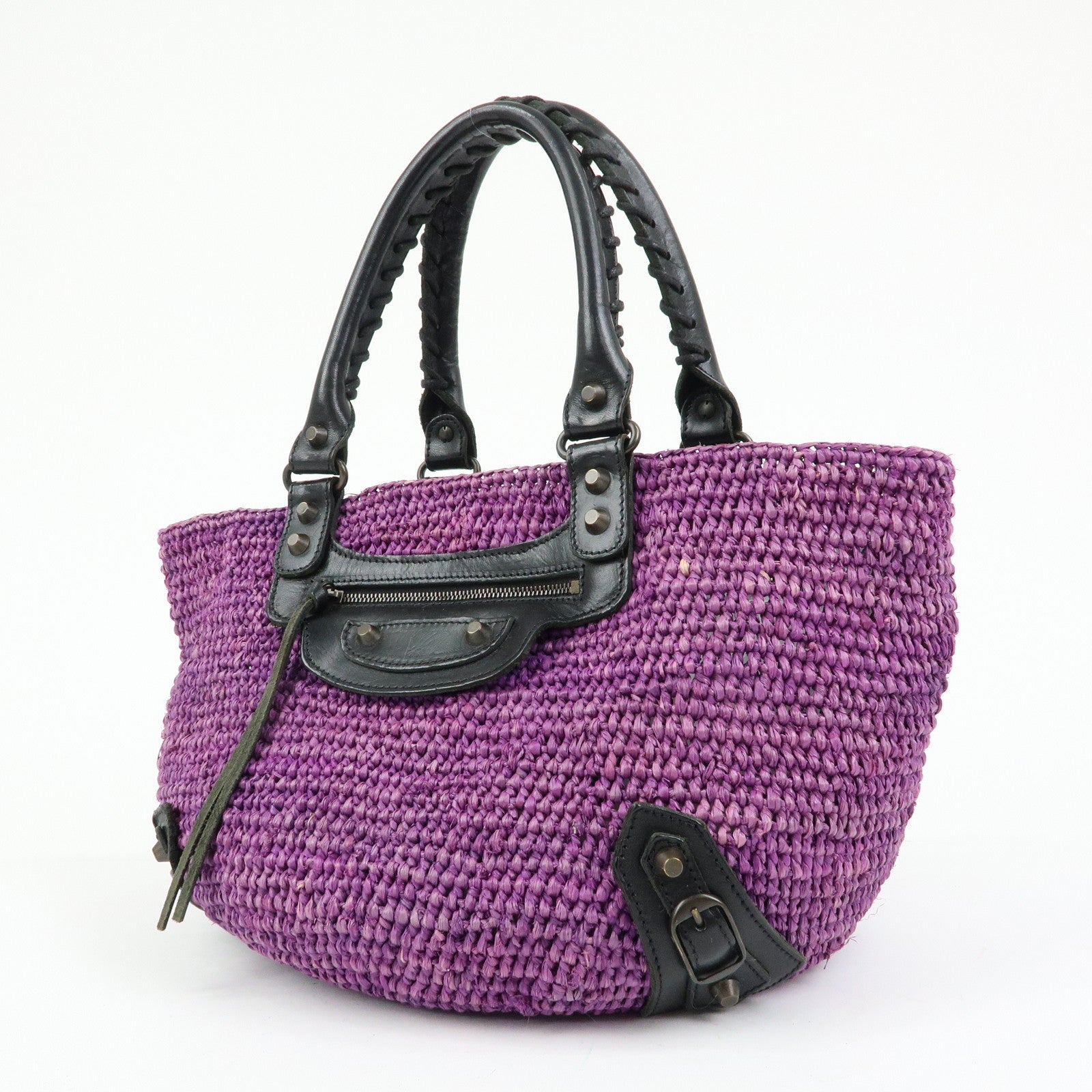BALENCIAGA Leather Raffia Small Hand Bag Purple Black 236741