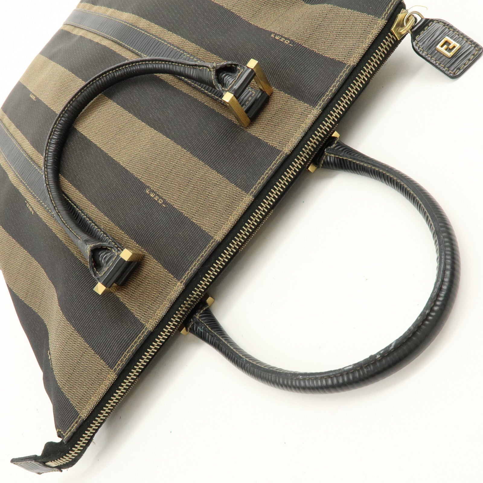 FENDI Pequin Canvas Leather Hand Bag Tote Bag Brown Black