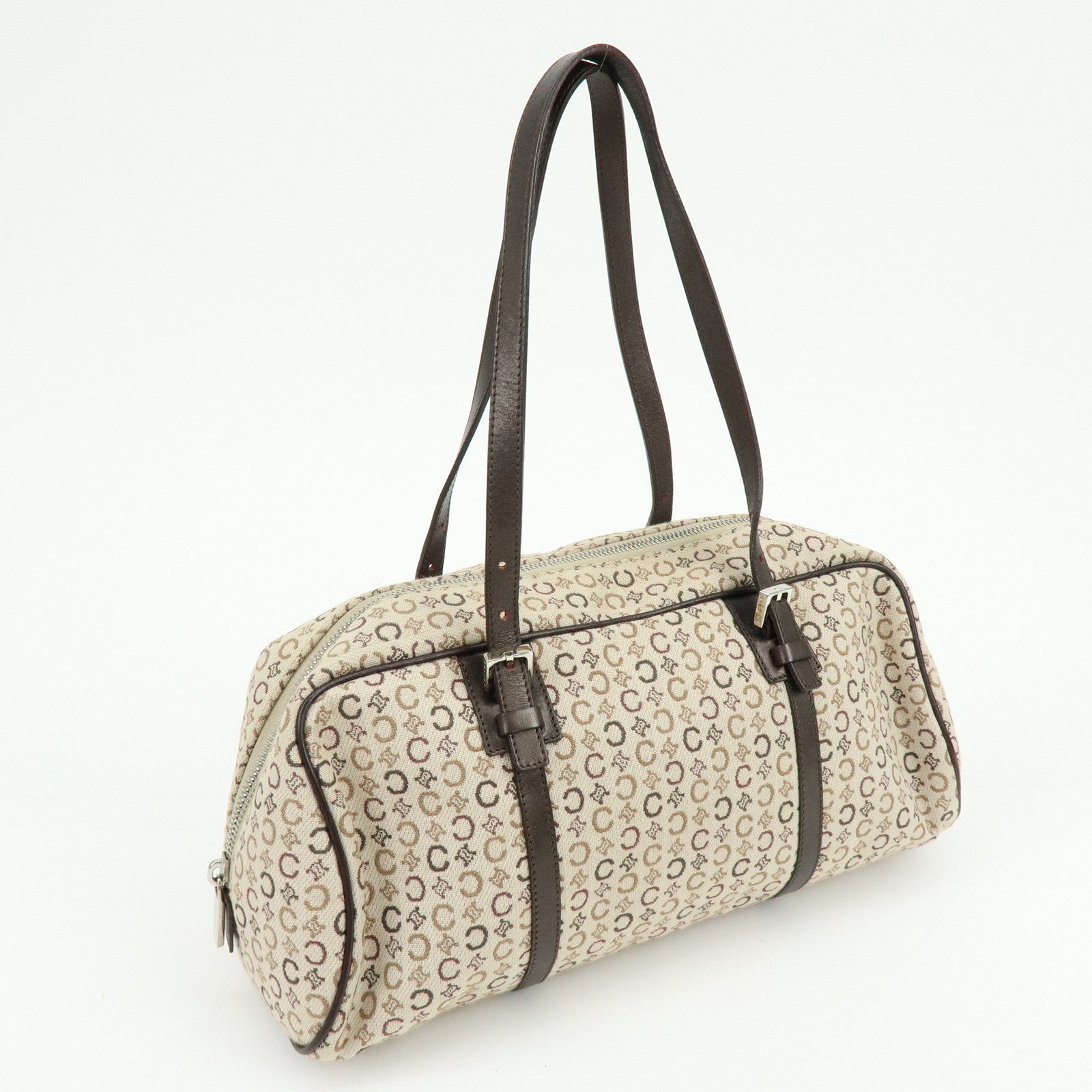 CELINE C Macadam Canvas Leather Hand Bag Boston Bag Beige Brown