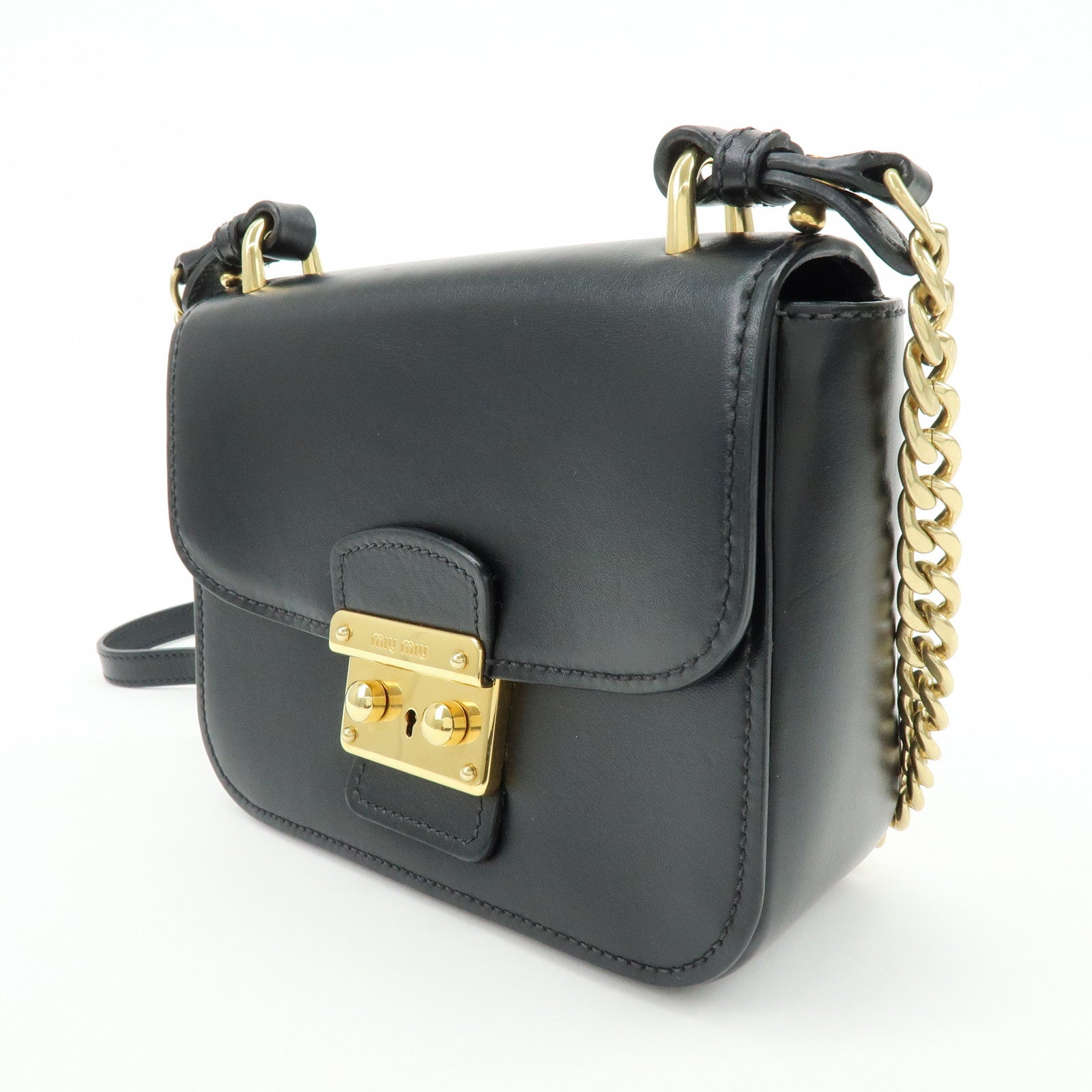 MIU MIU Logo Soft Calf Leather Chain Shoulder Bag Black 5BD147