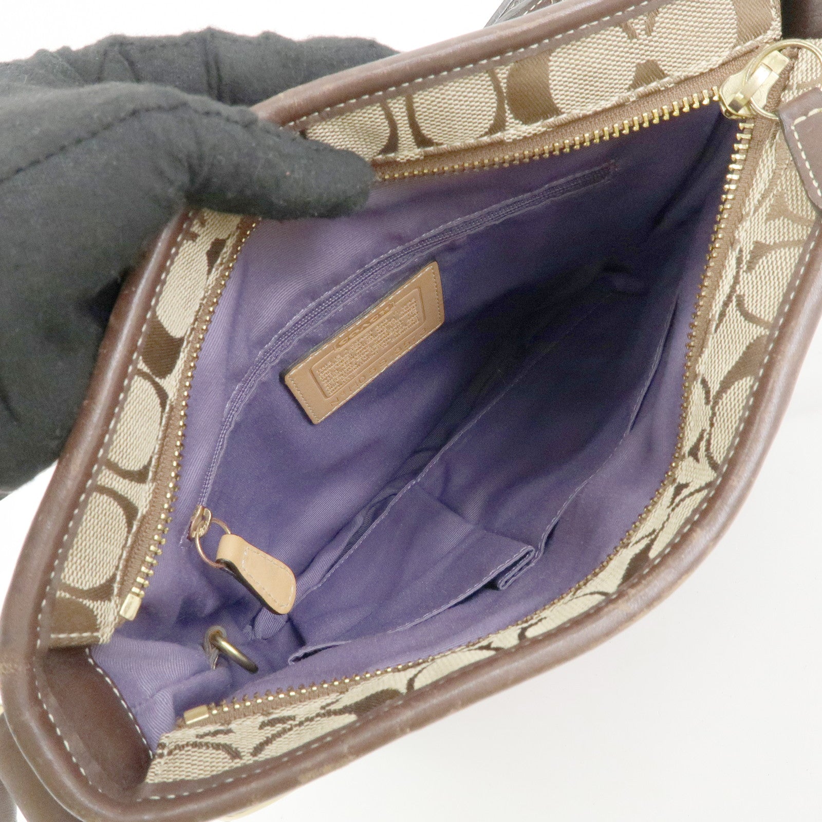 COACH Signature Suede Patent Leather Shoulder Bag Brown Patchwork