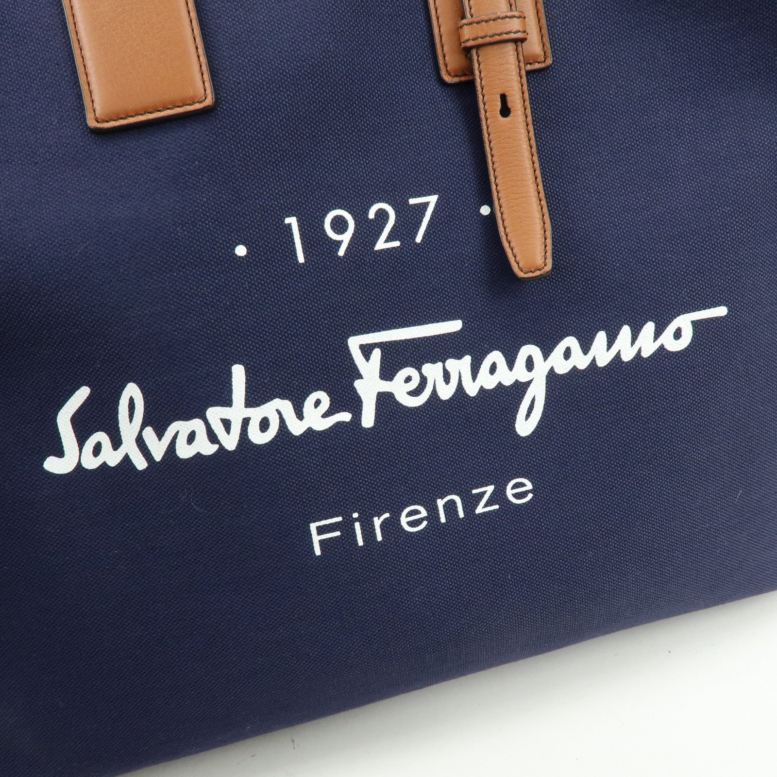 Ferragamo 1927 Signature Canvas Leather Tote Bag Navy Brown