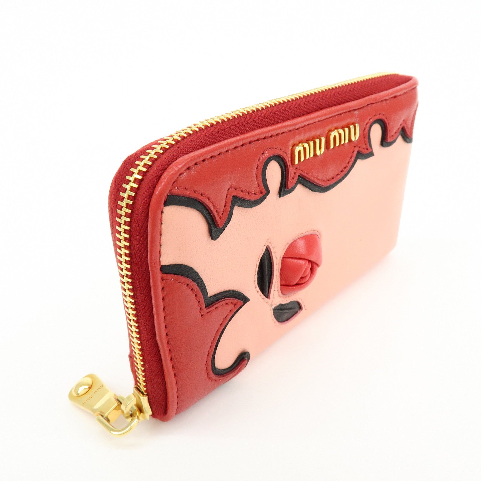 MIU MIU Lamb Skin Leather Zippy Pouch Rose Pink Red