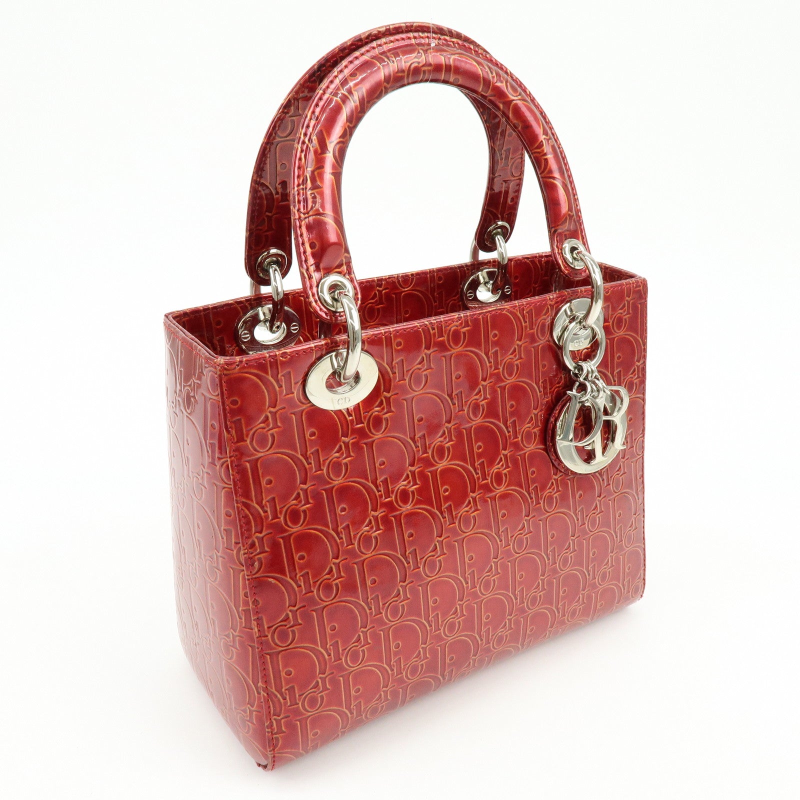 Christian Dior Lady Dior Patent Leather Hand Bag Dior Logo Red