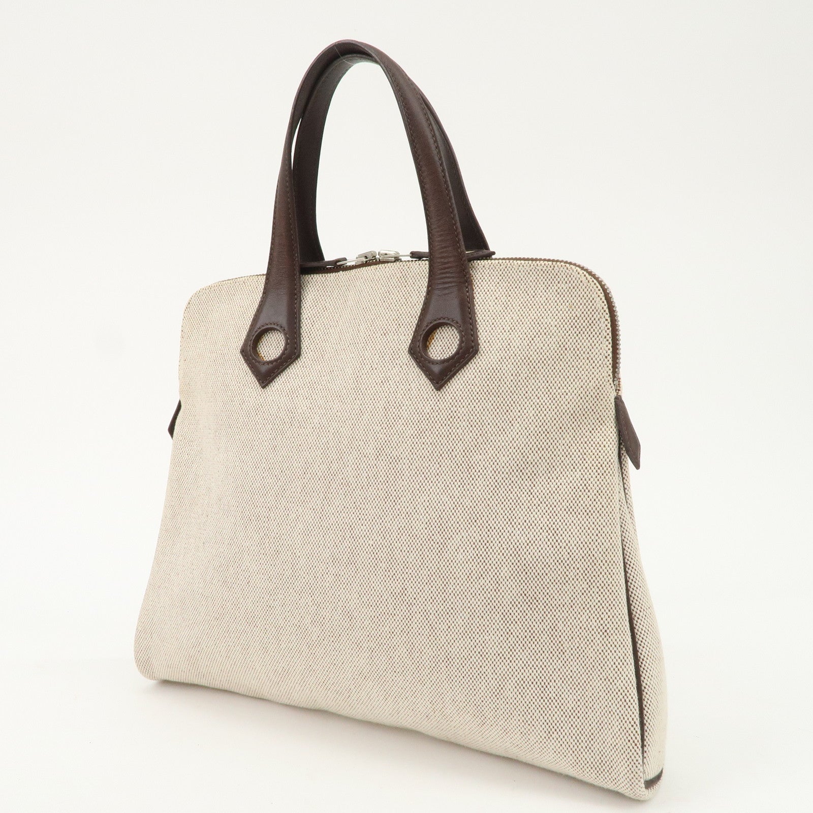 HERMES Leather Toile Ash Sac Eve MM J Engraved Hand Bag Natural