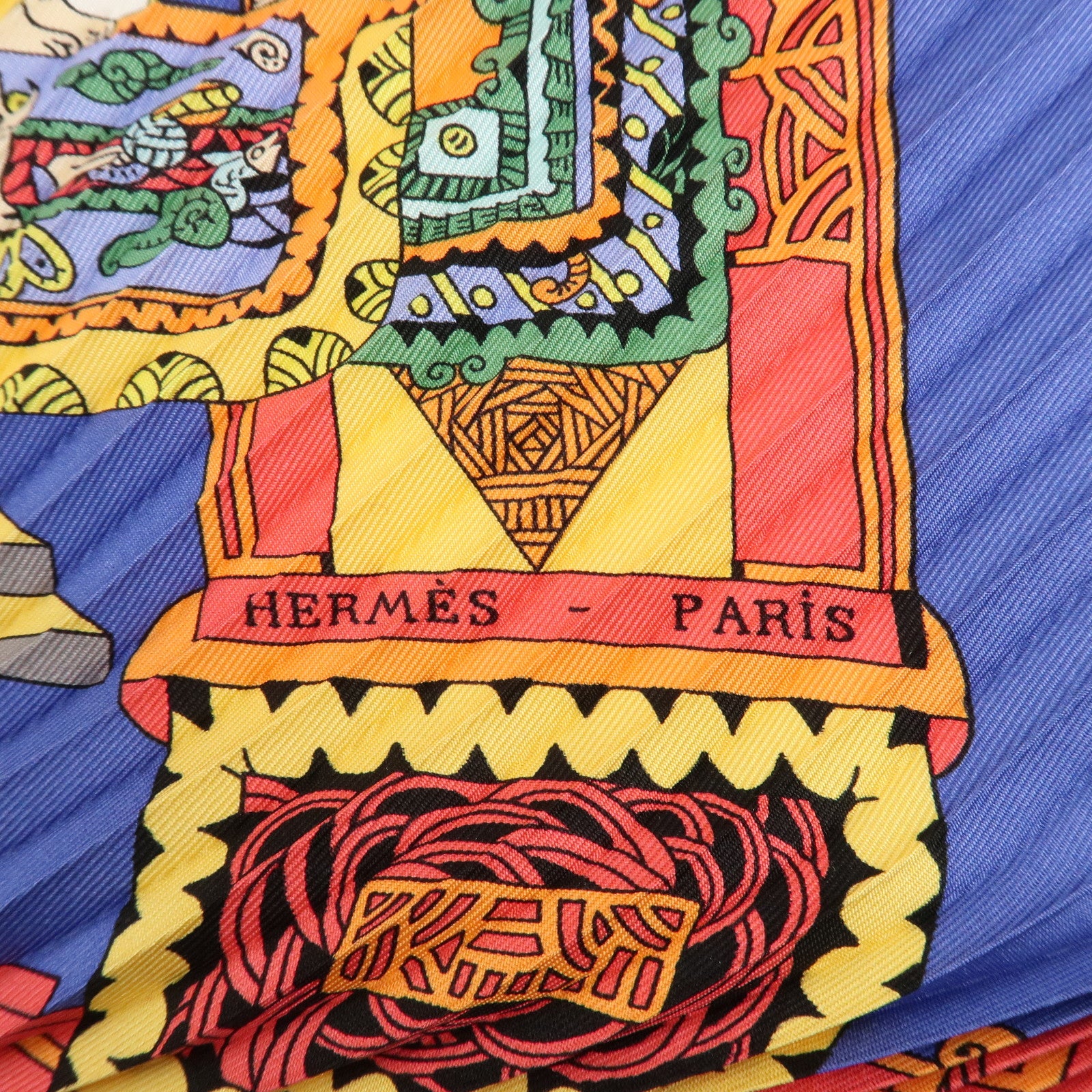 HERMES Pleats Carre Silk 100% Scarf Feria De Sevilla Black Yellow Used