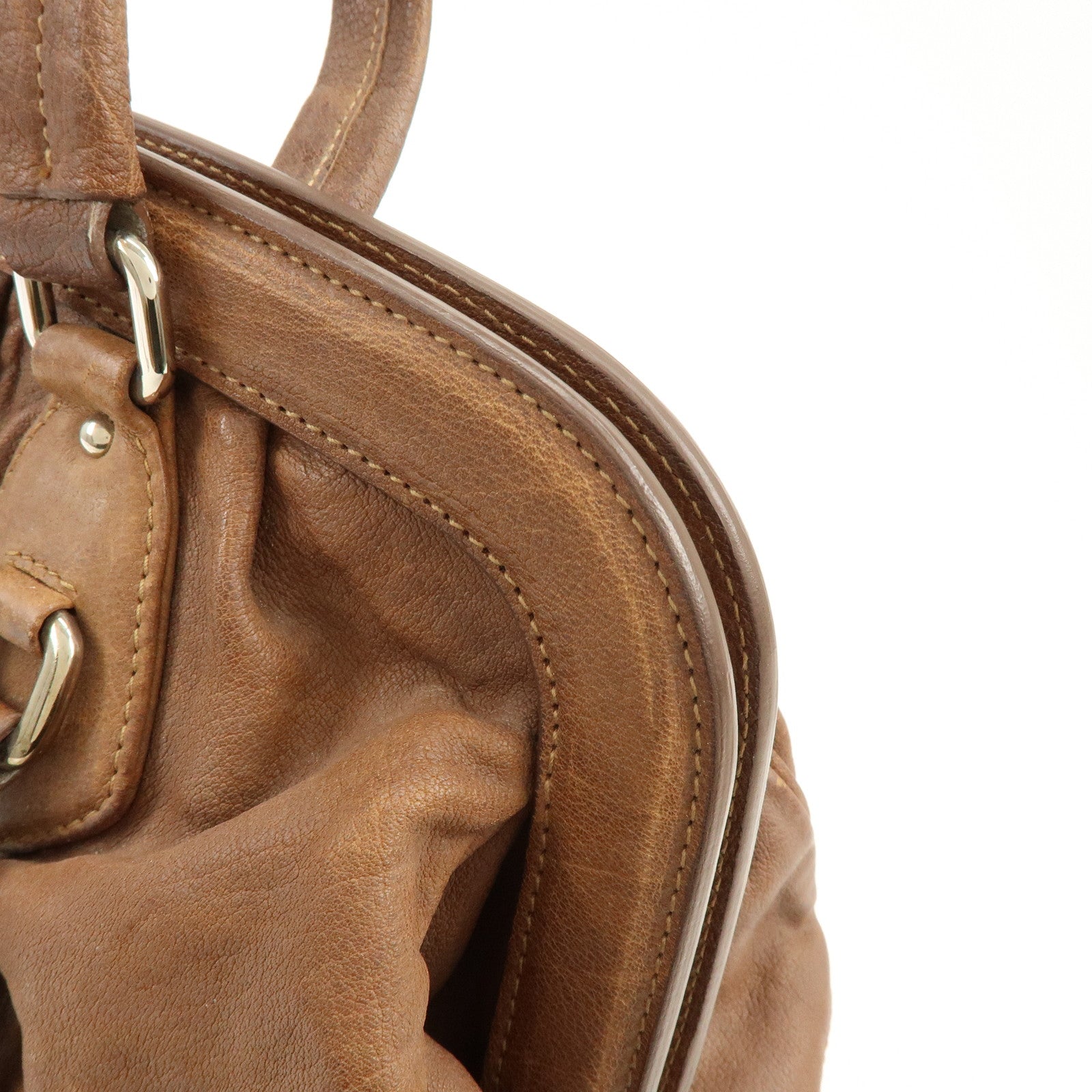 PRADA Triangle Logo Leather Boston Bag Hand Bag Doctor Bag Brown