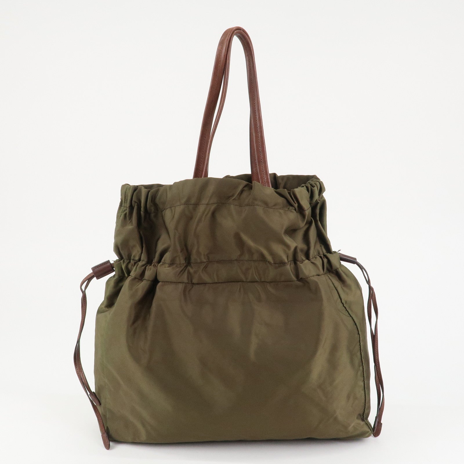 PRADA Logo Nylon Leather Drawstring Tote Bag Shoulder Bag Brown