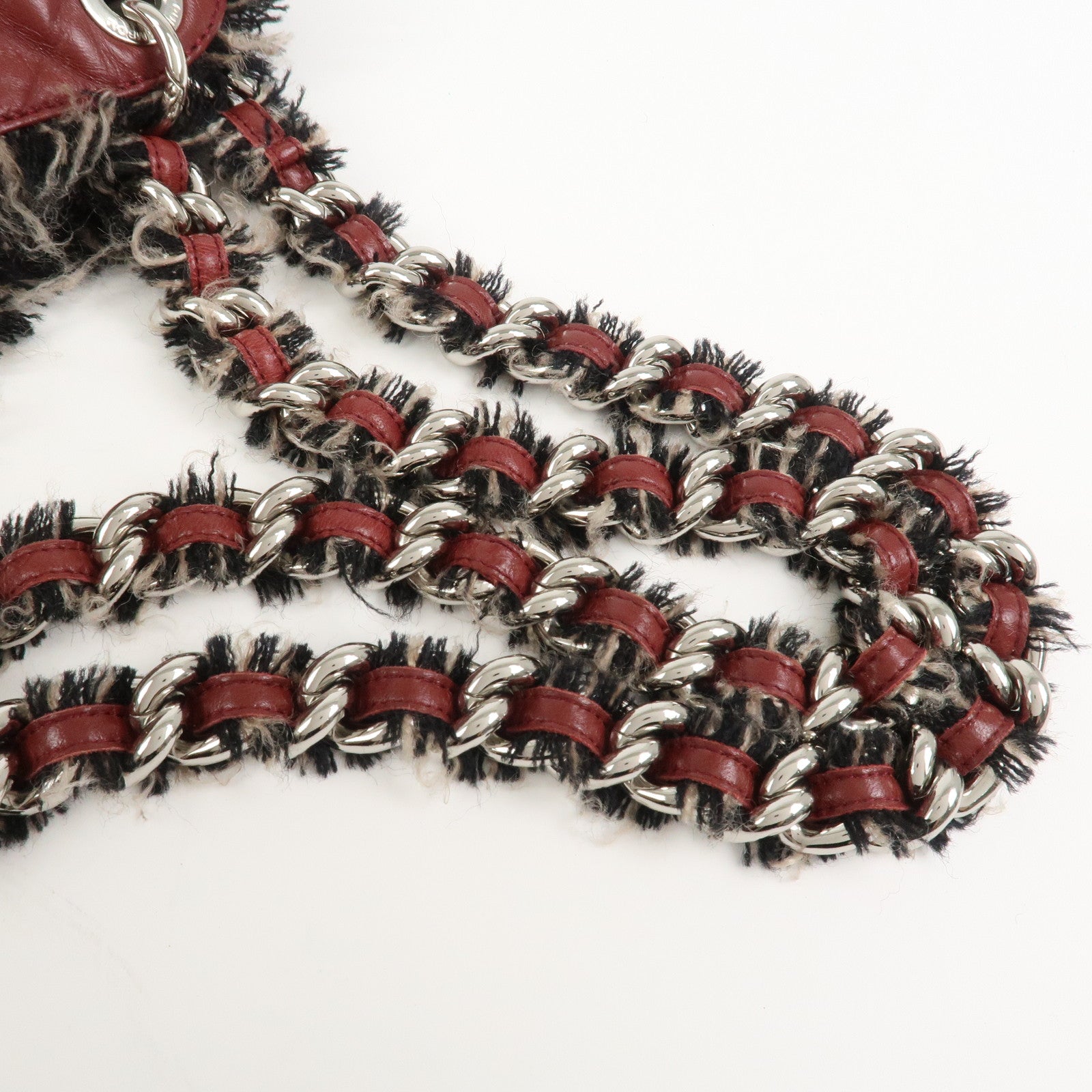 CHANEL Leather Tweed Chain Shoulder Tote Bag Bordeaux A49559