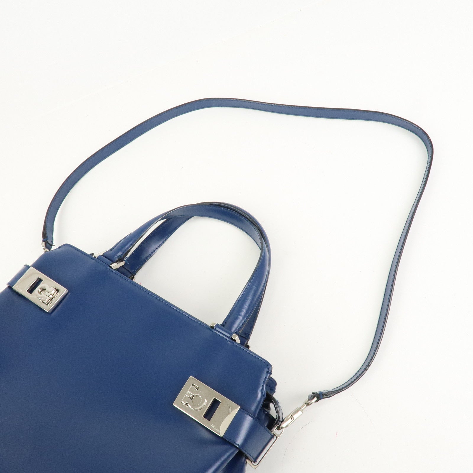 Ferragamo Gancini Logo Leather 2Way Bag Hand Bag Shoulder Bag Blue