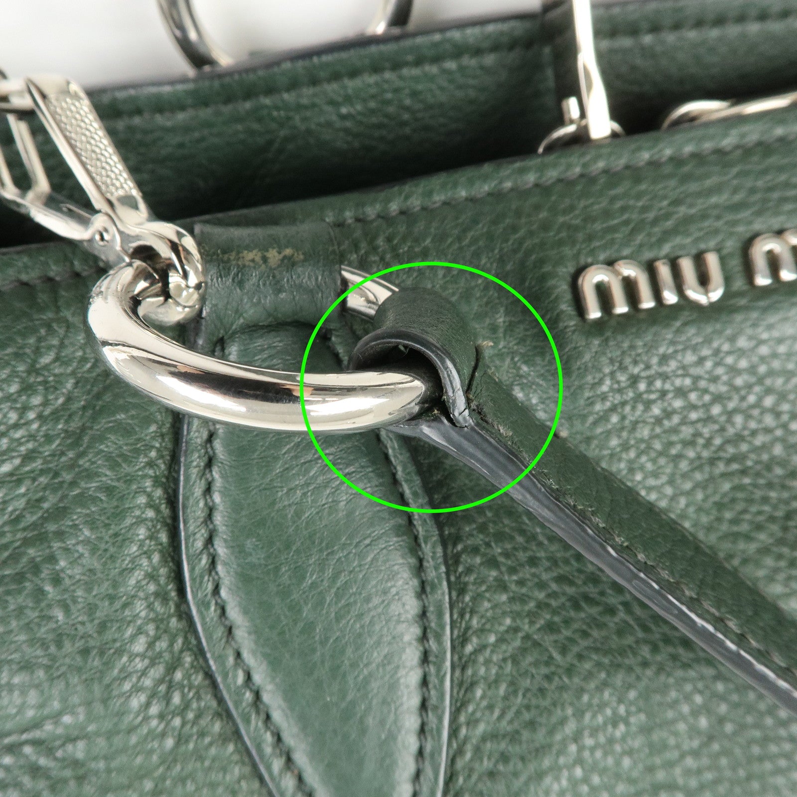 MIU MIU Logo Leather 2Way Bag Hand Bag Shoulder Bag Moss Green