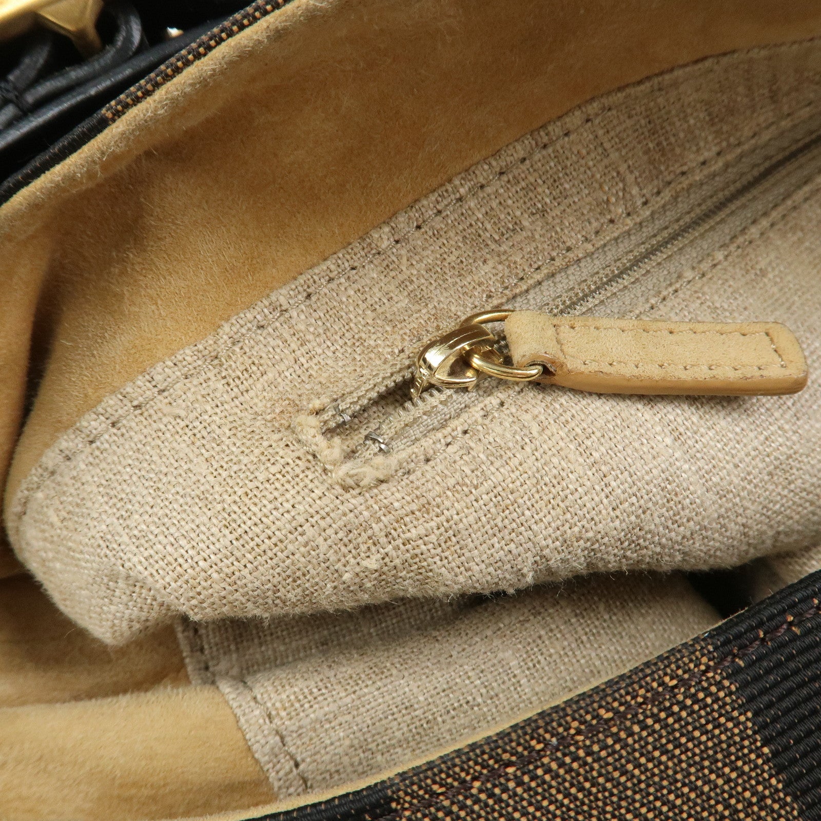 FENDI Pequin Canvas Leather Shoulder Bag Hand Bag Brown 8BR653