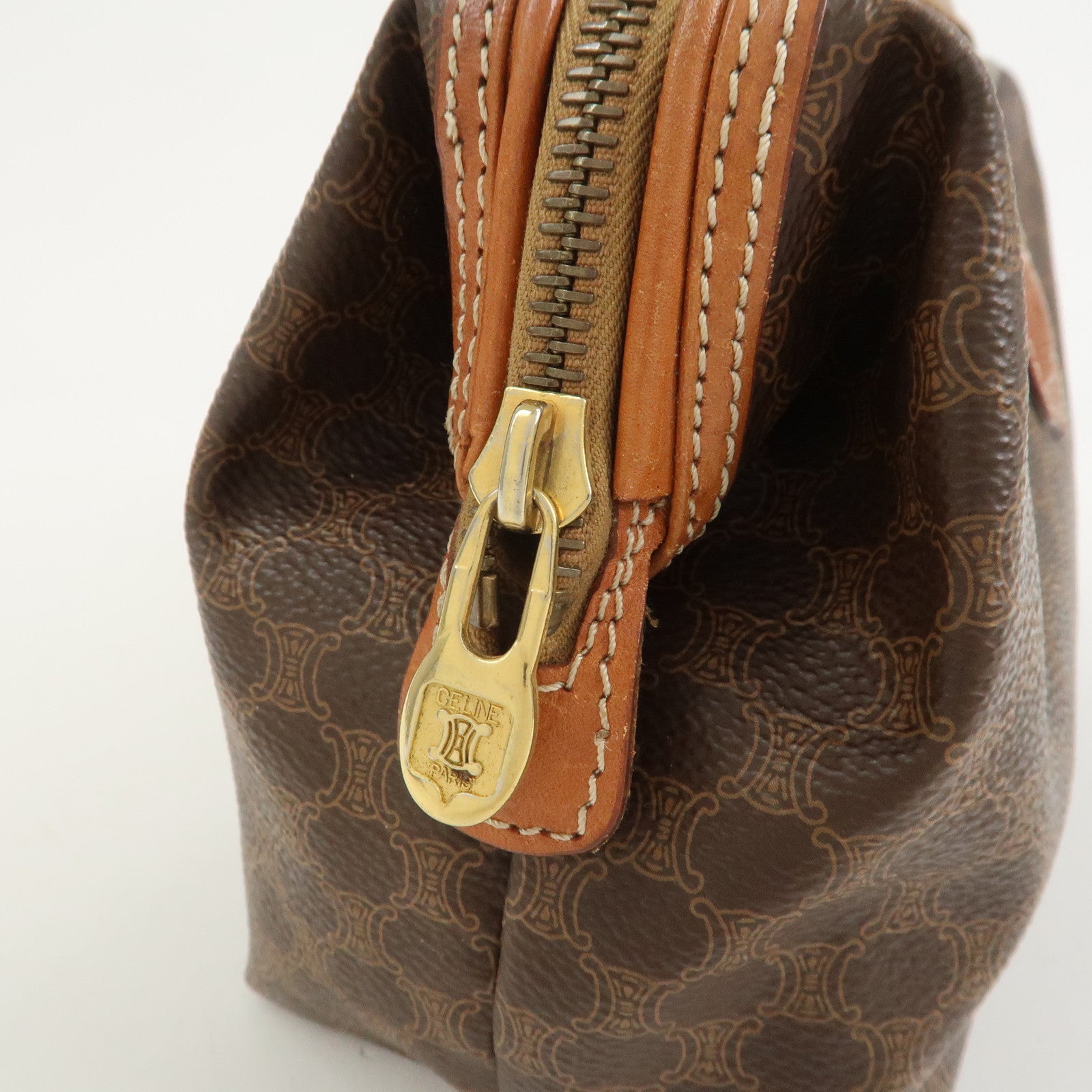 CELINE Macadam PVC Canvas Leather Cosmetic Pouch Brown