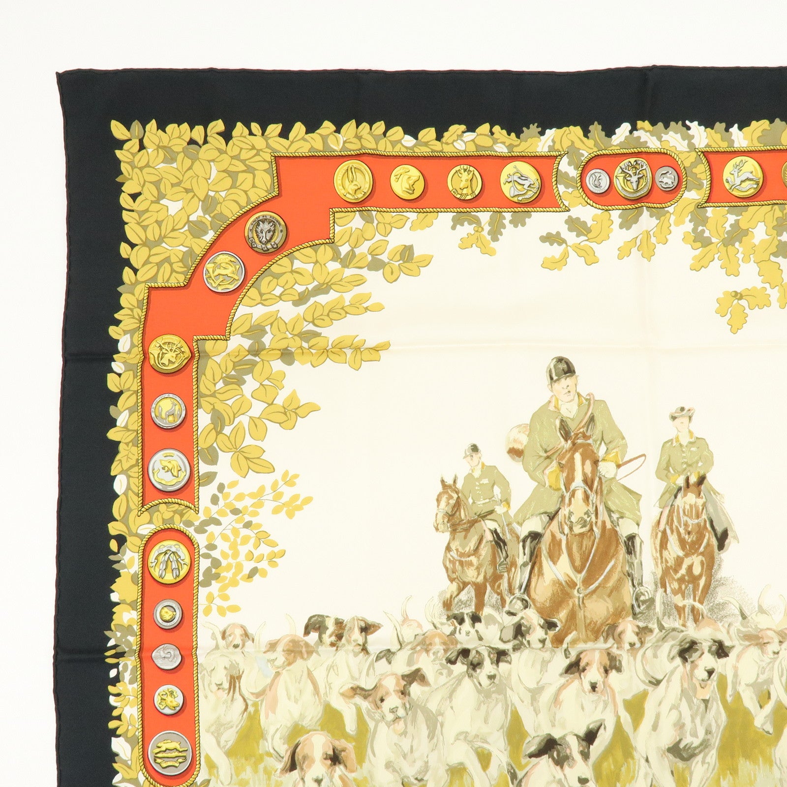 HERMES Carre 90 Silk 100% Scarf Le Debuche Black Red Beige