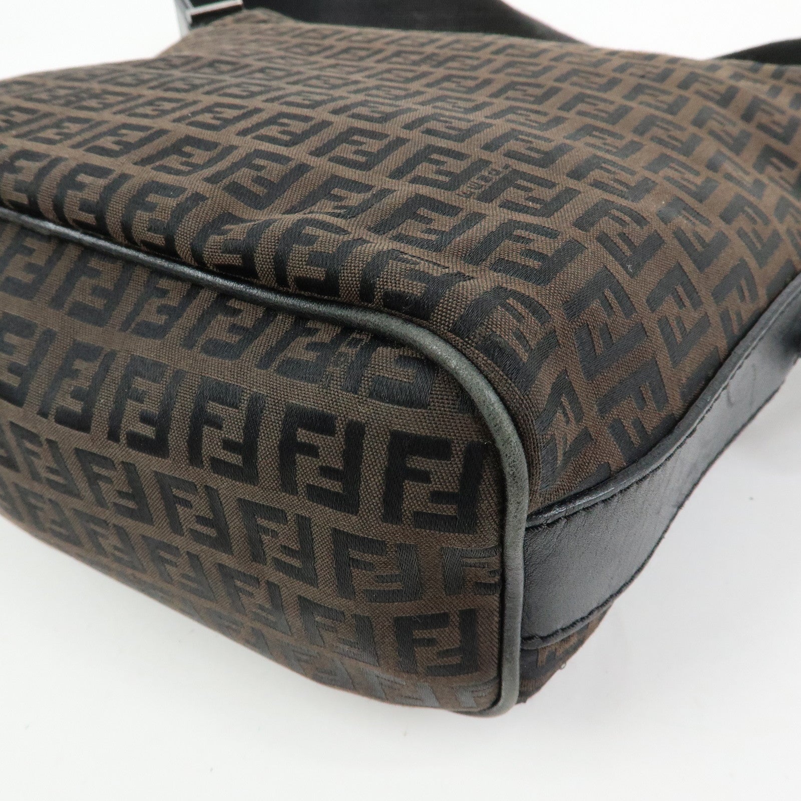 FENDI Zucchino Canvas Leather Shoulder Bag Brown Black 7VA004