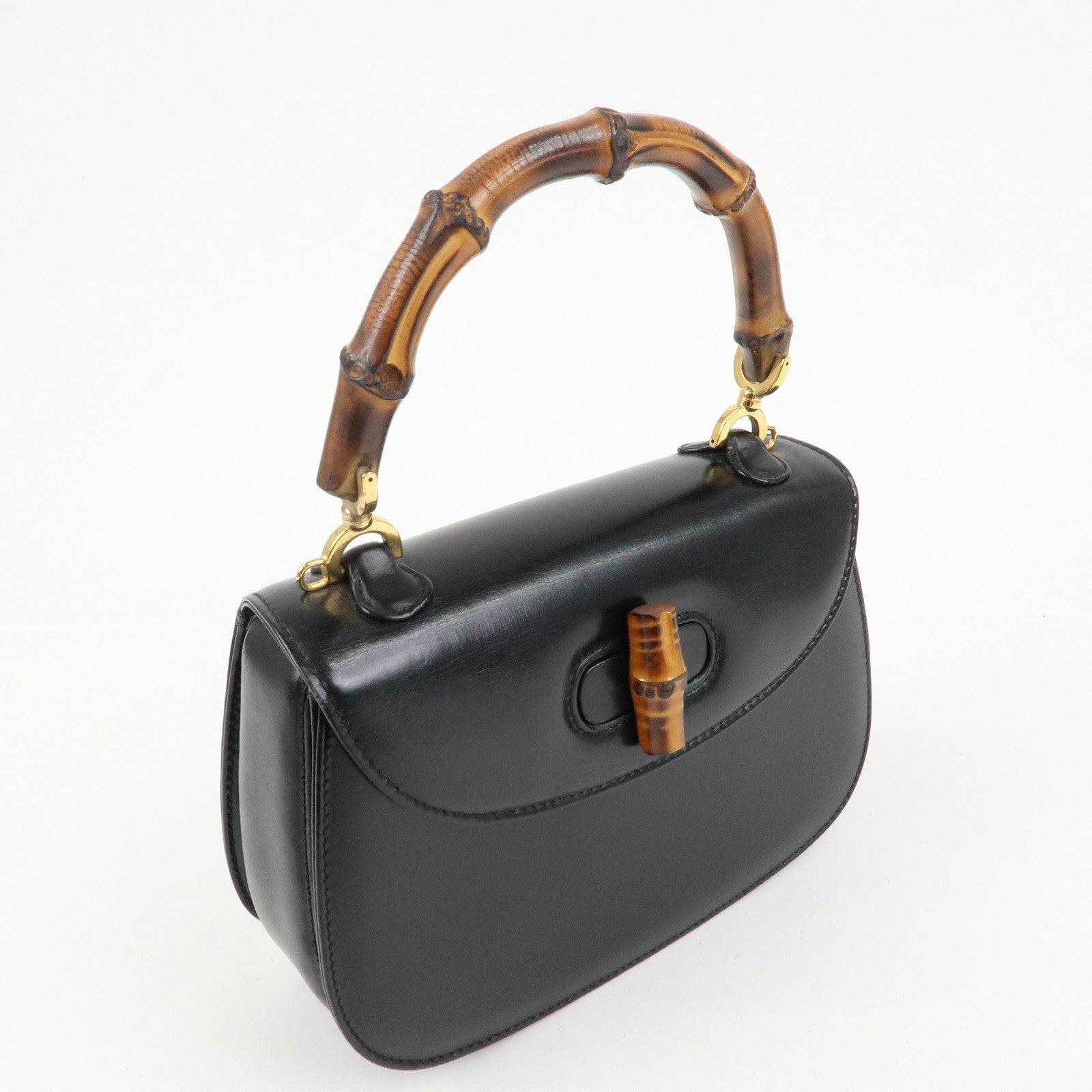 GUCCI Bamboo Logo Leather 2WAY Bag Hand Bag Black 000 2046