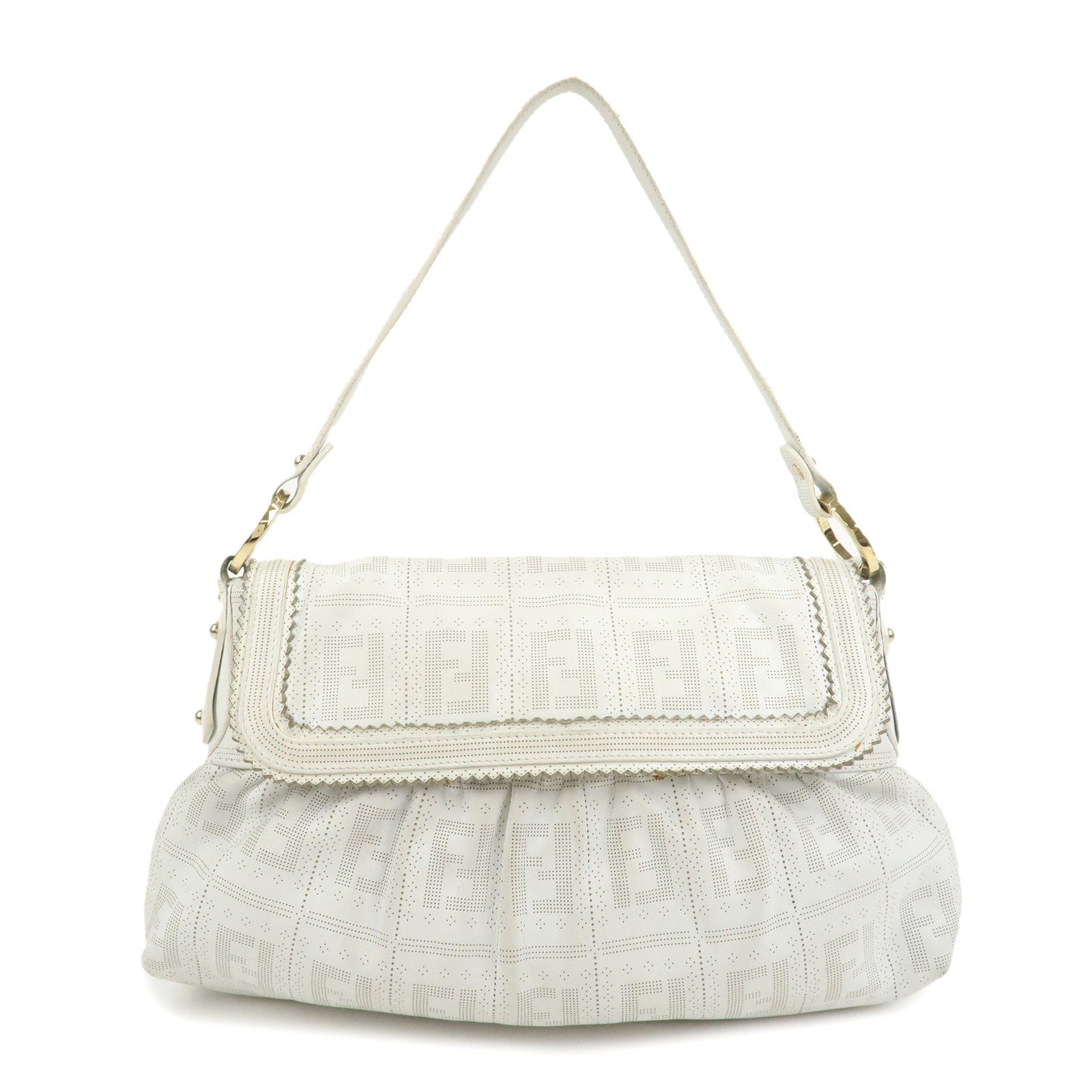 FENDI Zucca Logo Leather Shoulder Bag Hand Bag White 8BR445