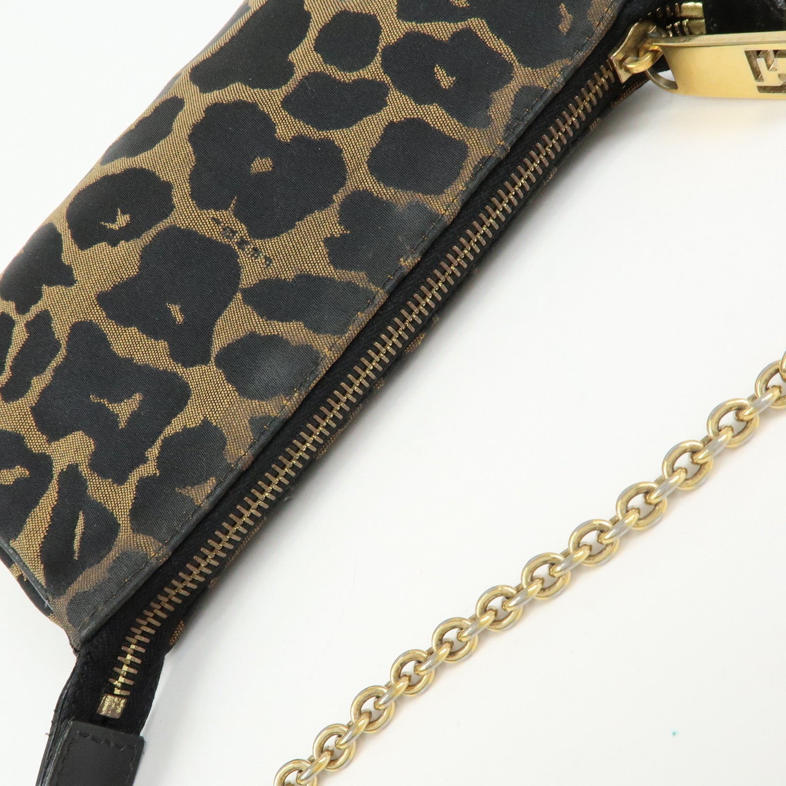 FENDI Canvas Leather Leopard Chain Hand Bag Brown Black 8M0264
