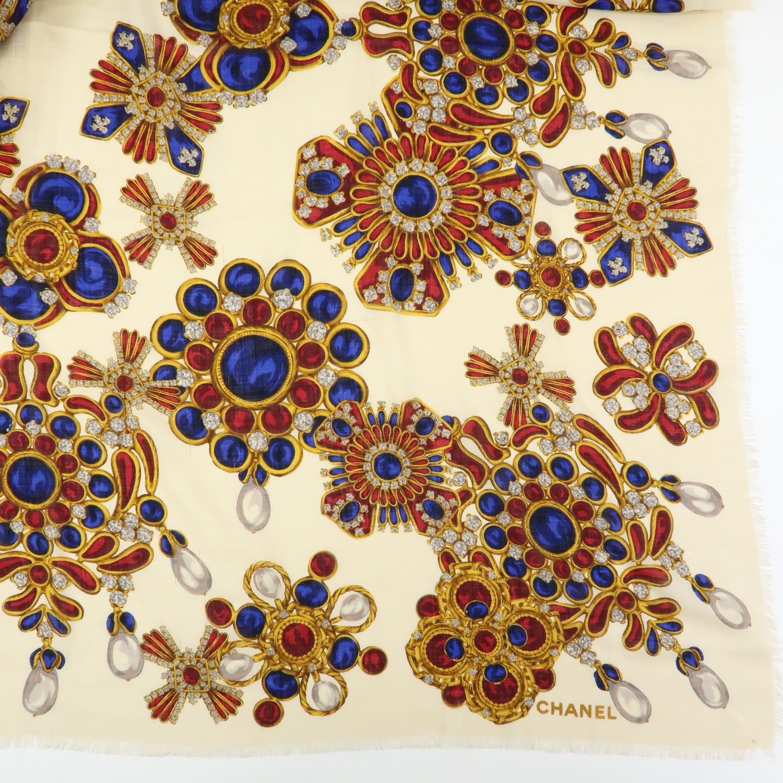 CHANEL Wook Silk Jewlry Pattern Scarf Beige Gold Red Blue