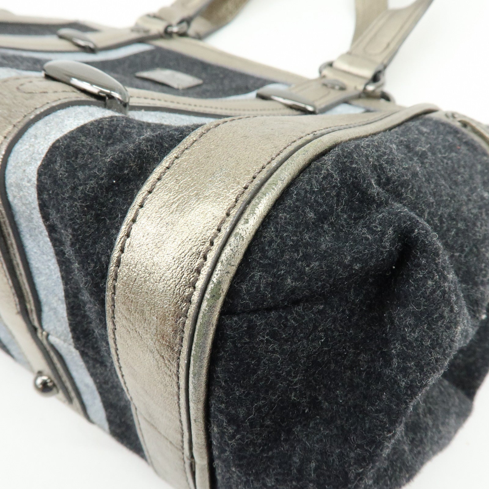BURBERRY Blue Label Wool Leather Tote Bag Shoulder Bag Black Gold