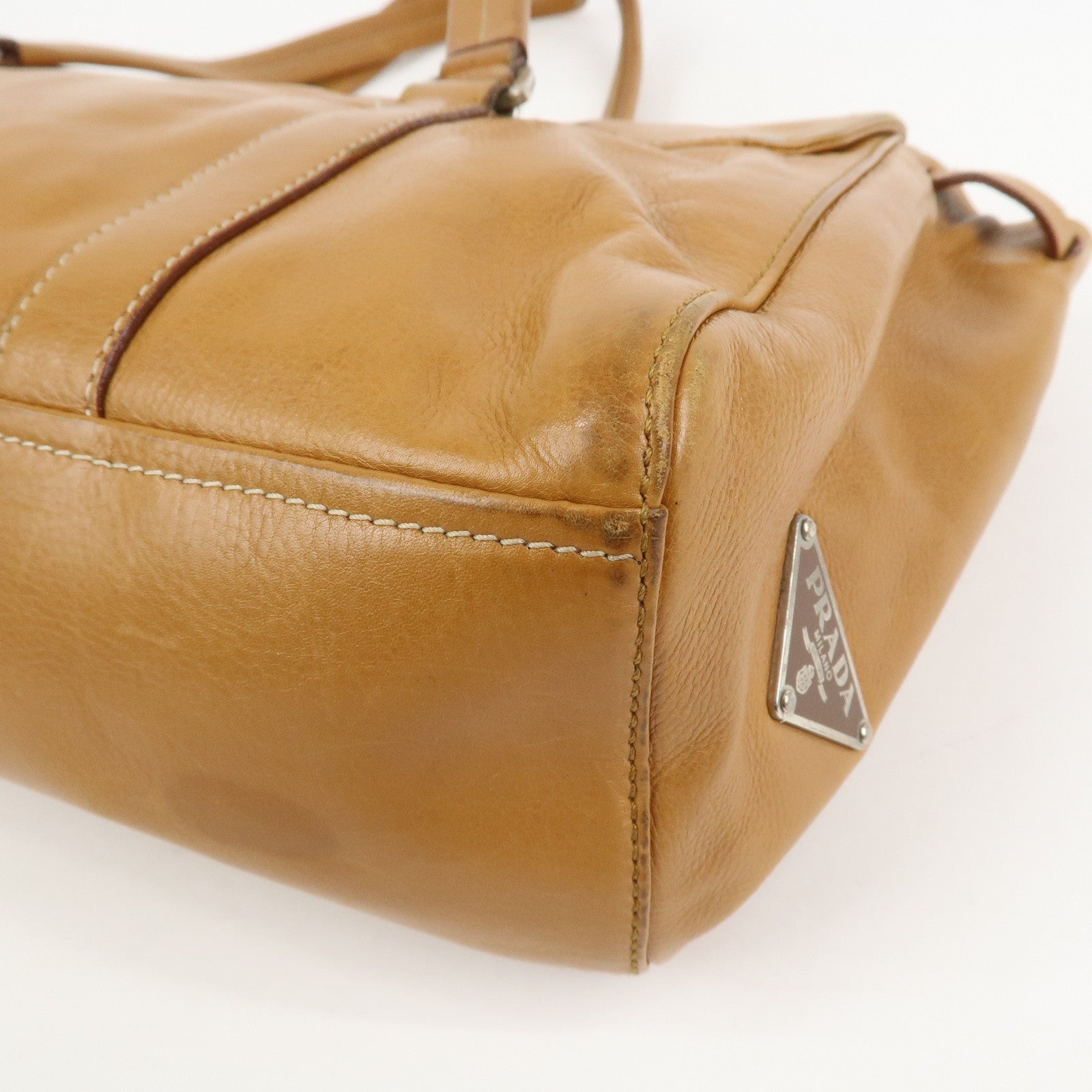 PRADA Triangle Logo Leather Nylon Shoulder Bag Brown BR2418